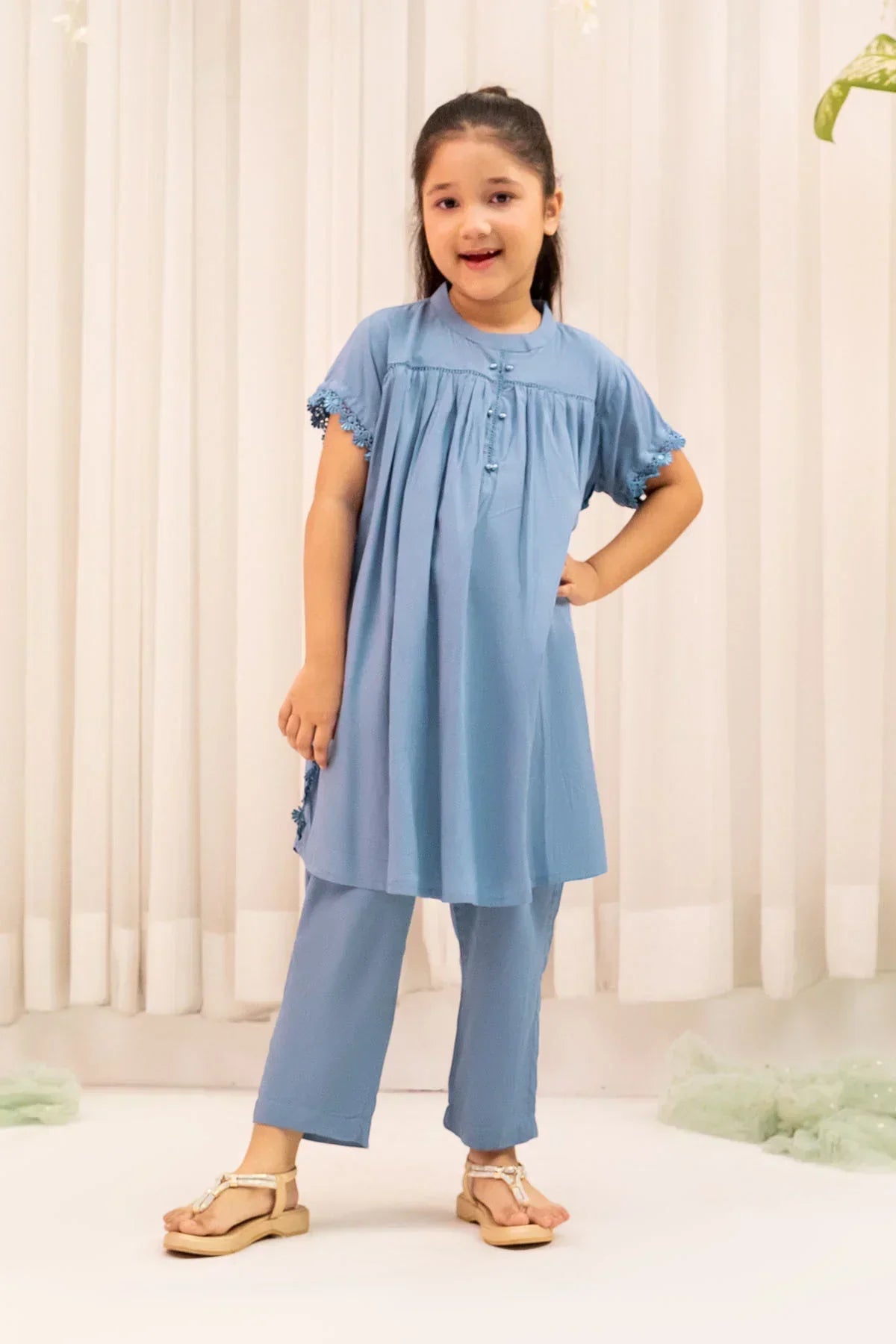 linen Short Frock in Powder blue