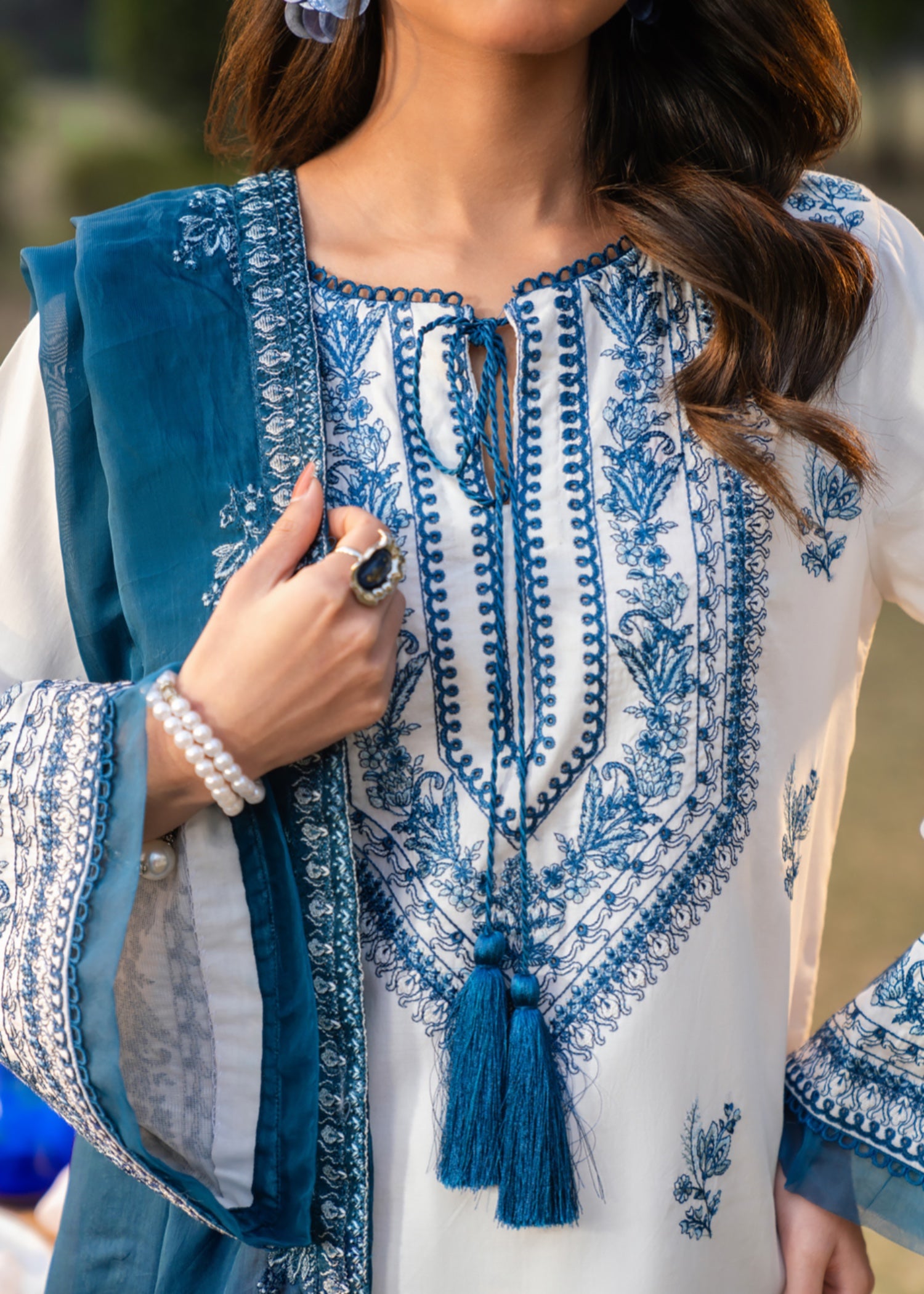lawn Kurta Set in White, steel blue