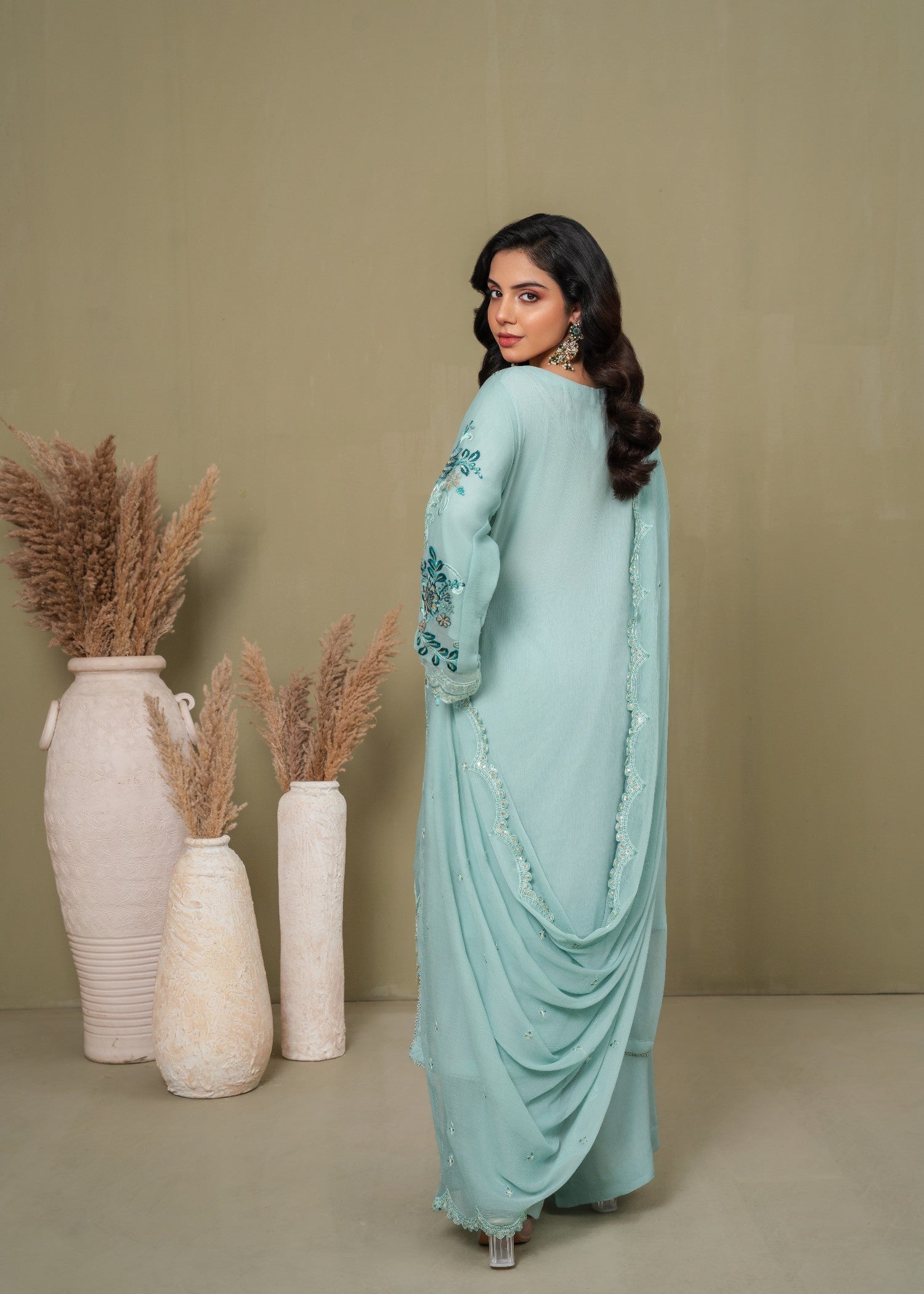 crinkle chiffon Kurta Set in Aquamarine