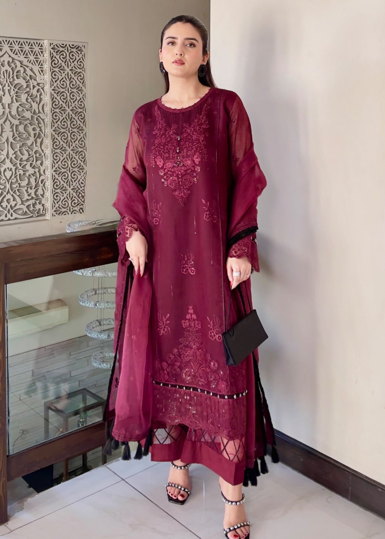 khaddi net Kurta Set in Maroon