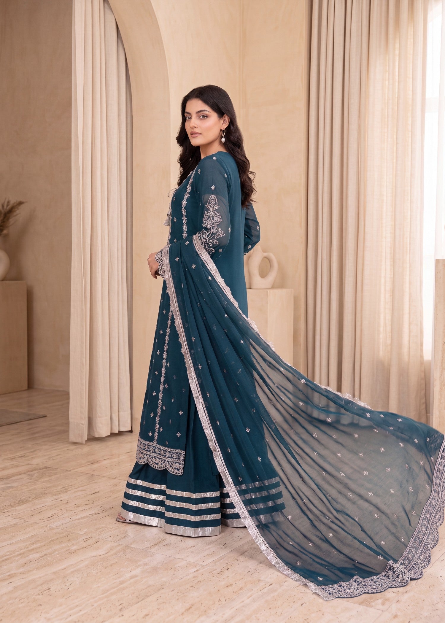 chiffon Gharara in Steel teal