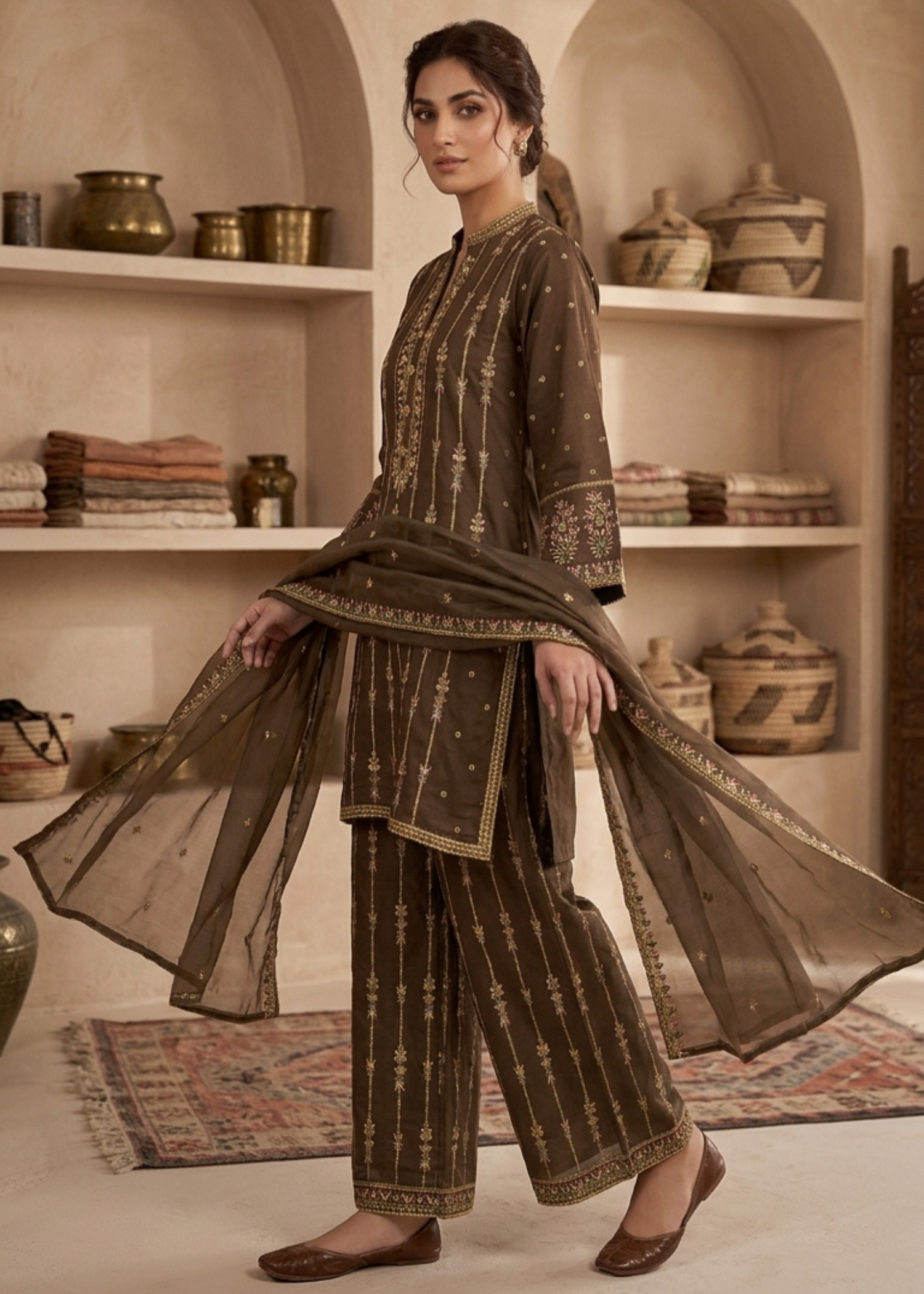 slub khaddar Kurta Set in Golden brown