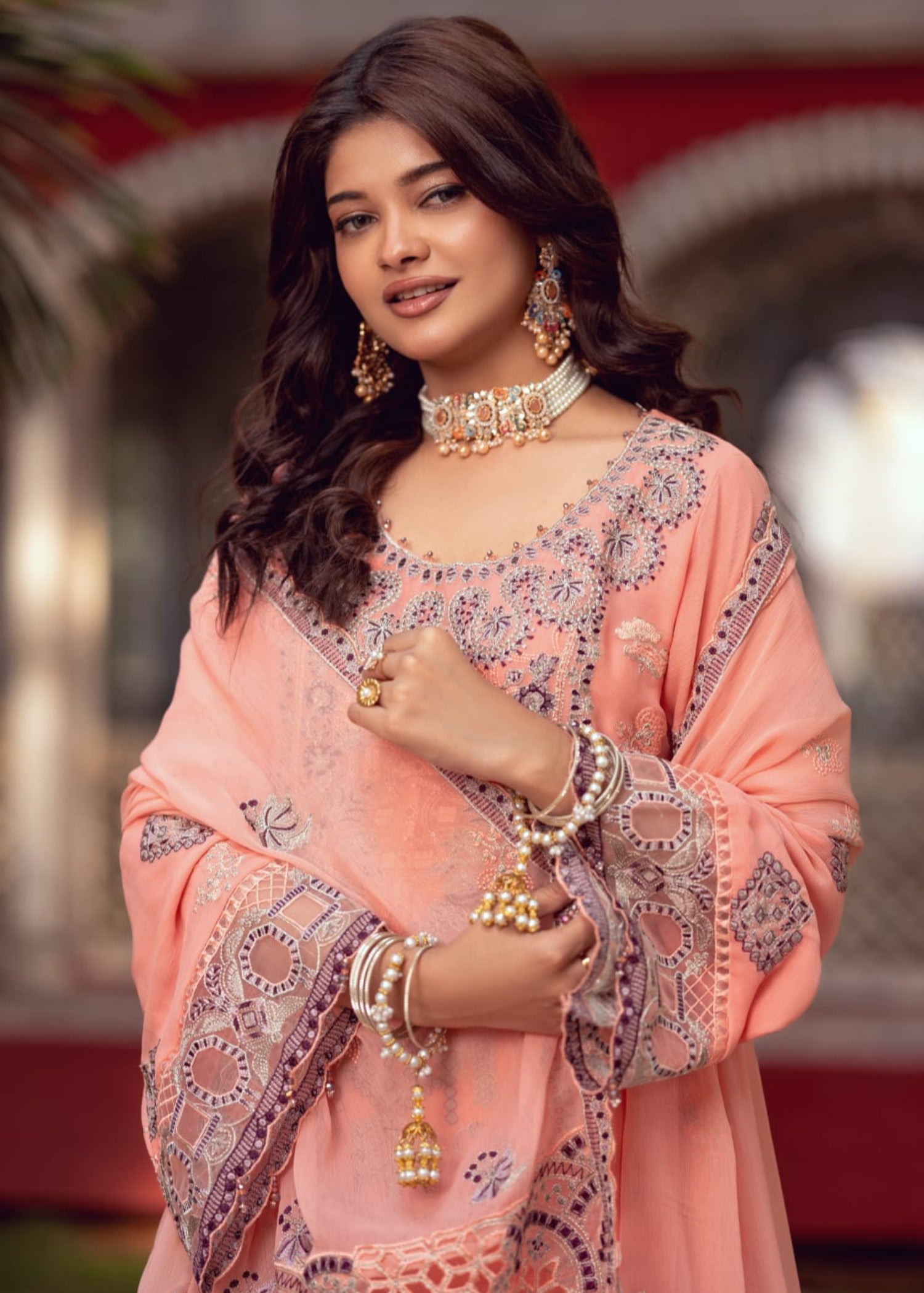 chiffon Kurta Set in Peach pink