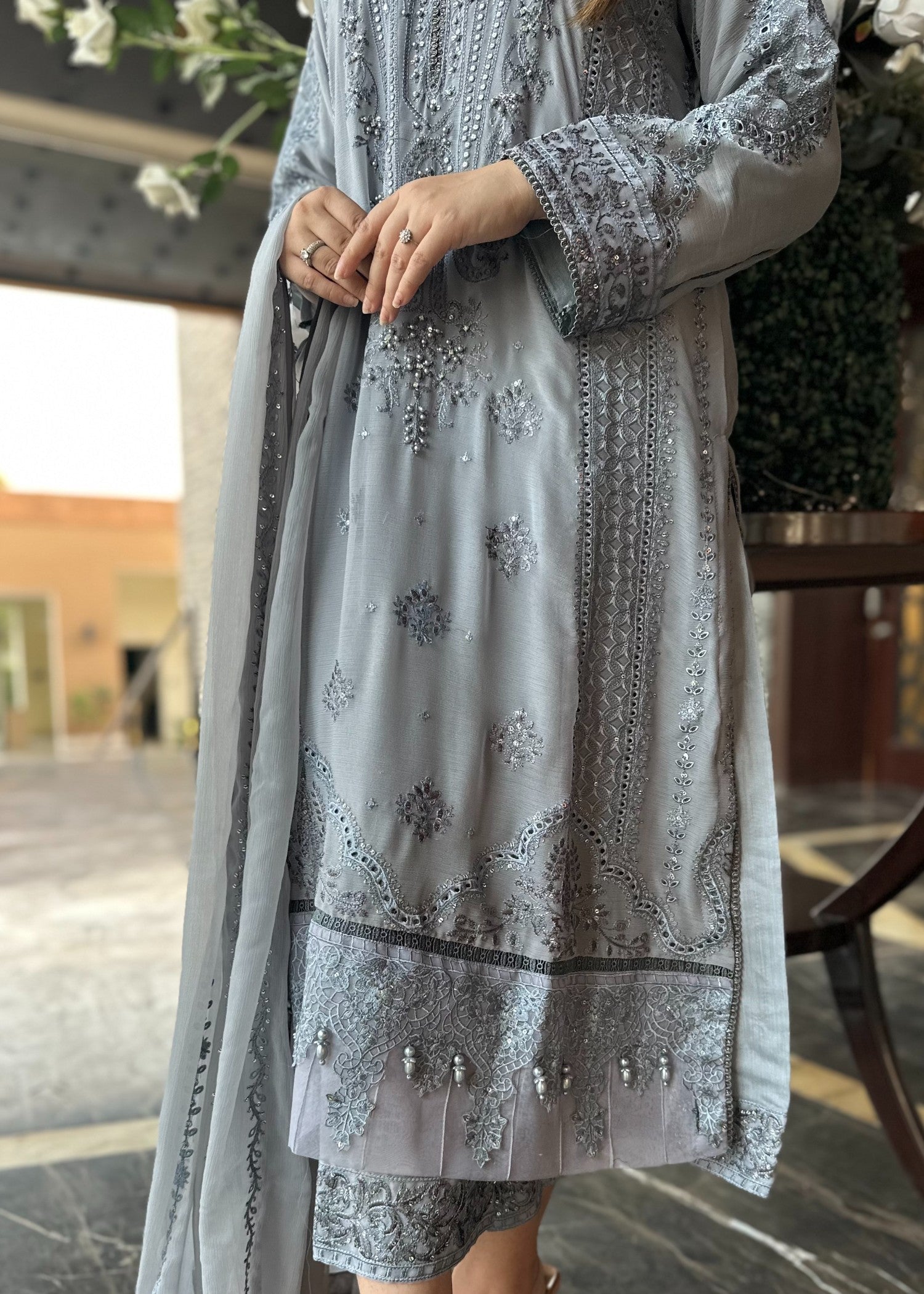 chiffon Kurta Set in Duck egg grey