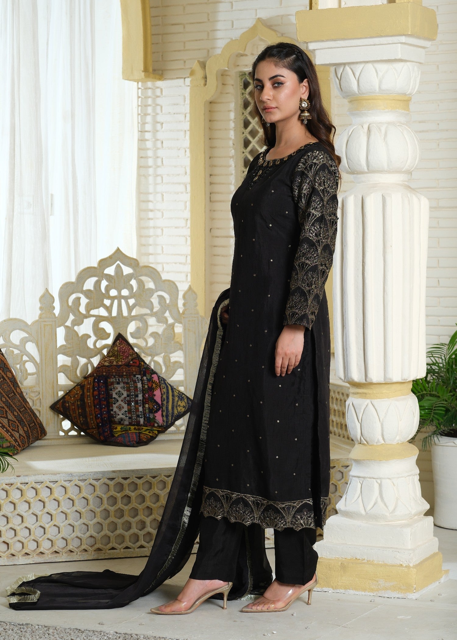 raw silk Kurta Set in Jet black