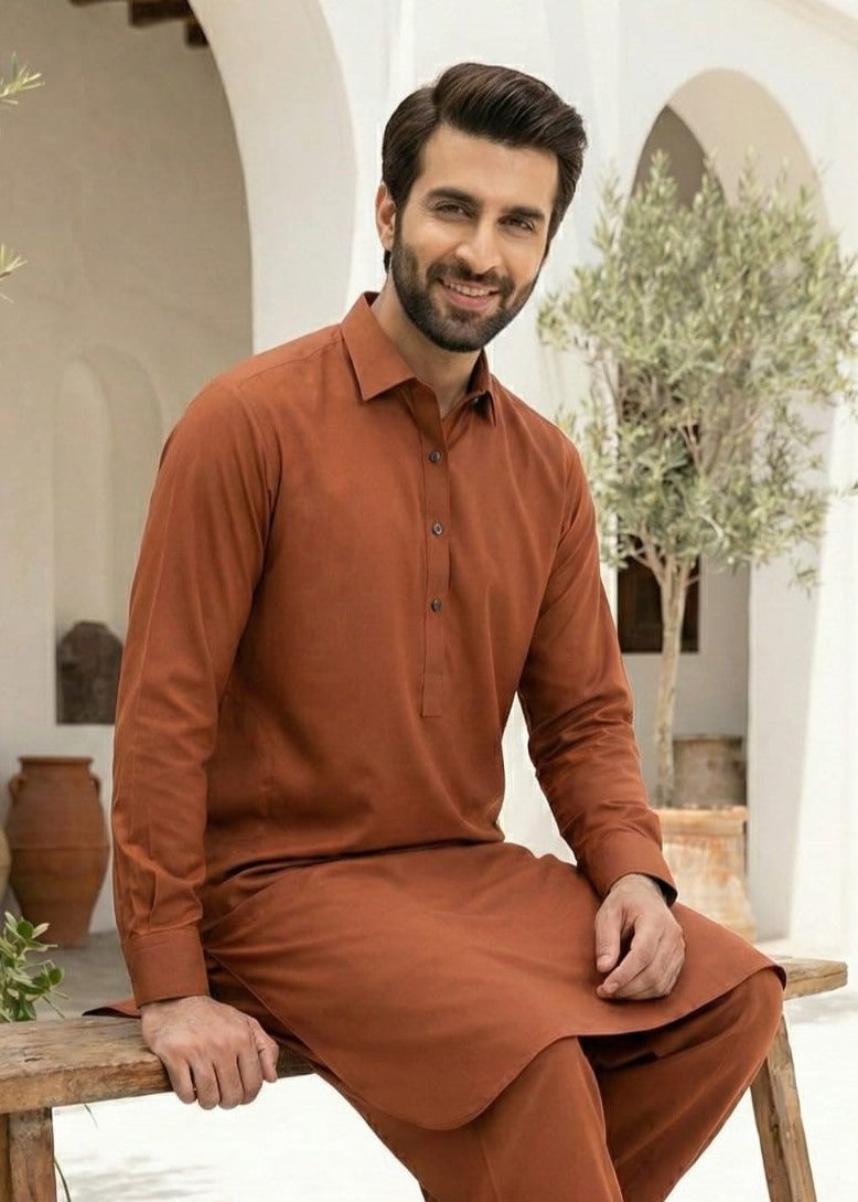 wash & wear Shalwar Kameez in Rust orange