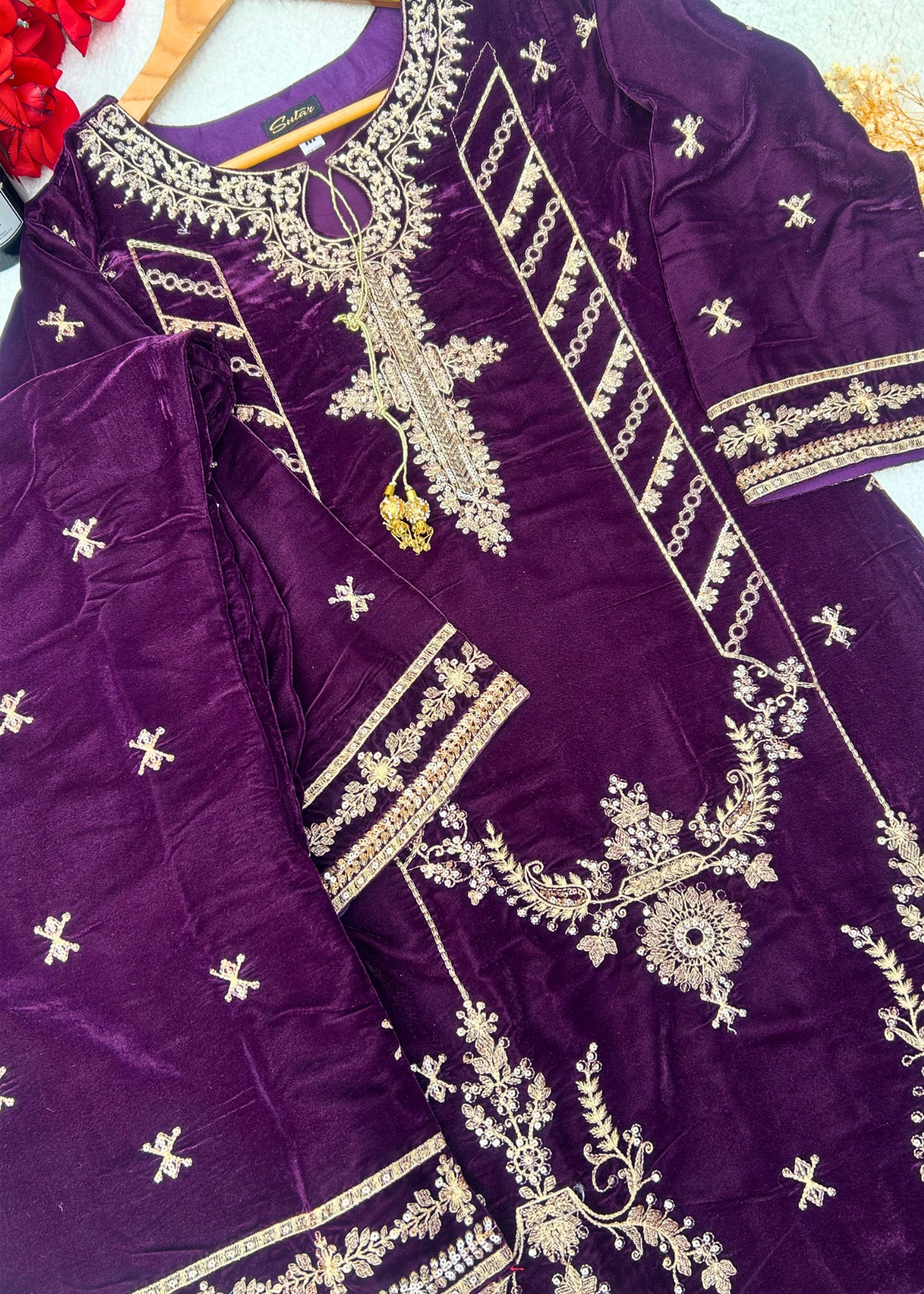 chinese micro velvet 9000 Kurta Set in Deep purple