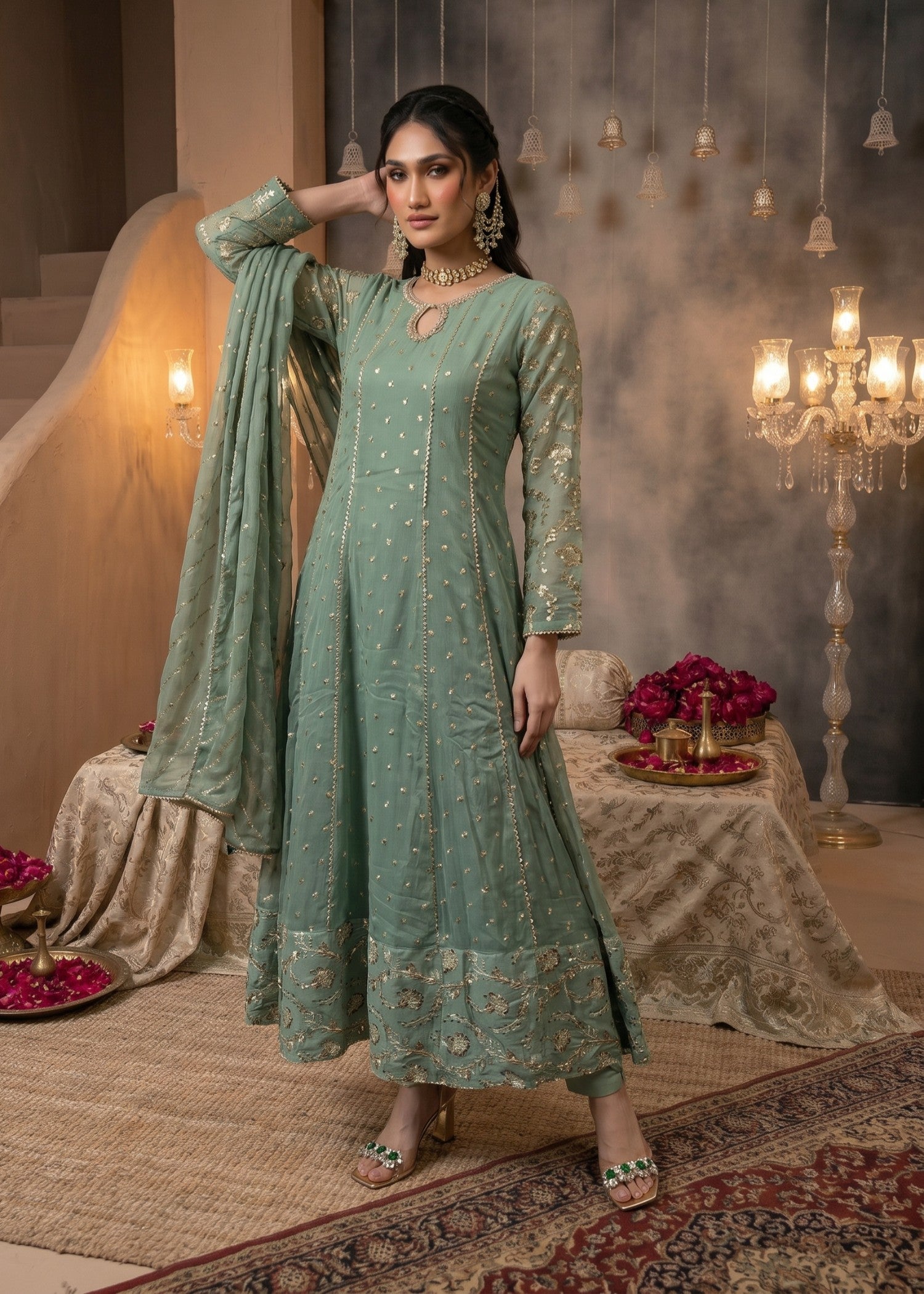 chiffon Anarkali in Mint green