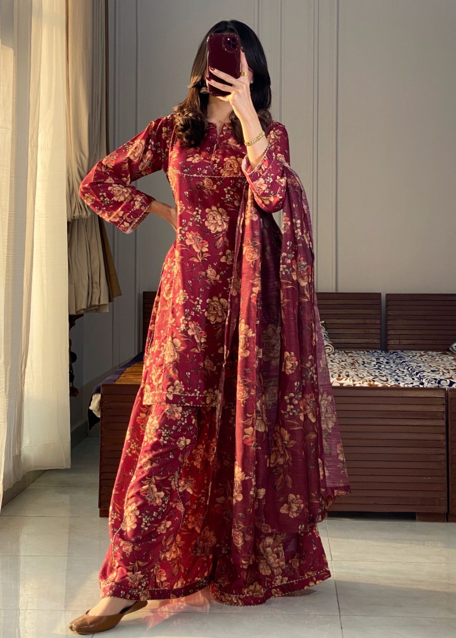 slub lawn Kurta Set in Maroon