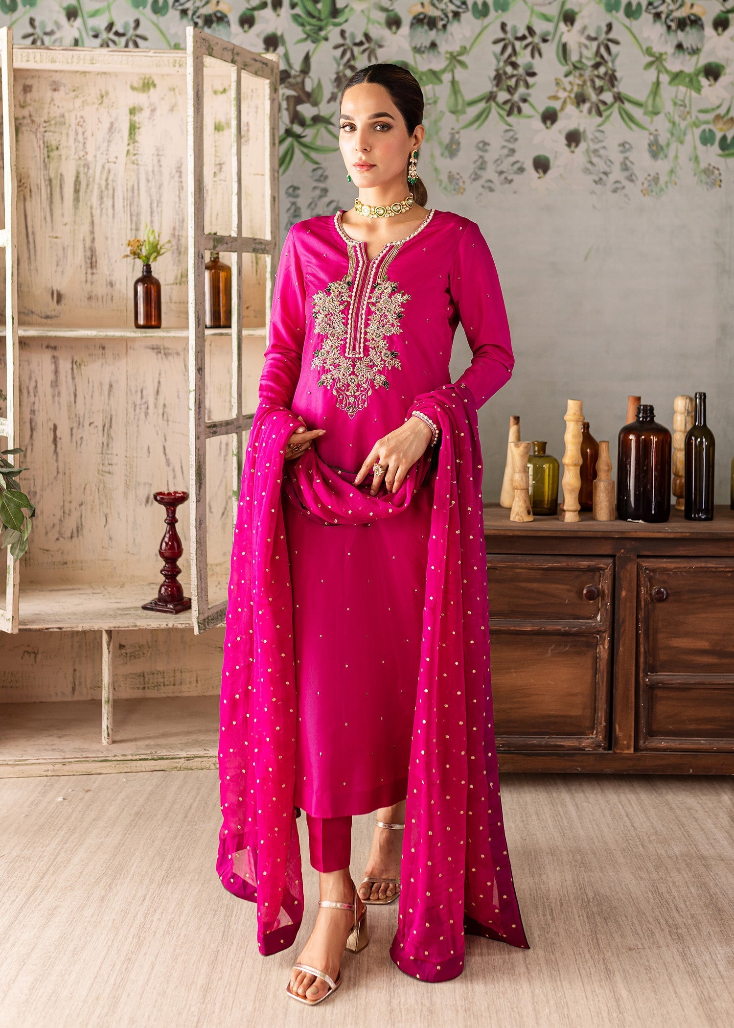raw silk Kurta Set in Fuchsia