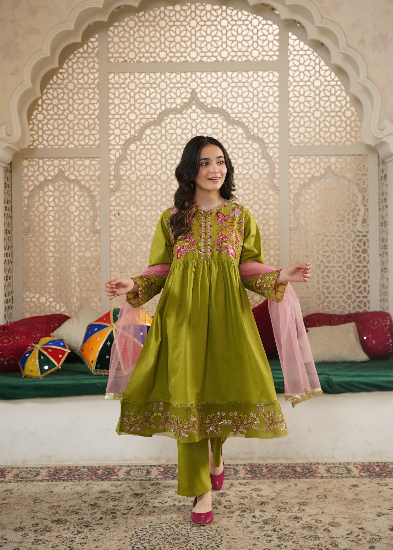 cotton Pishwas in Apple green