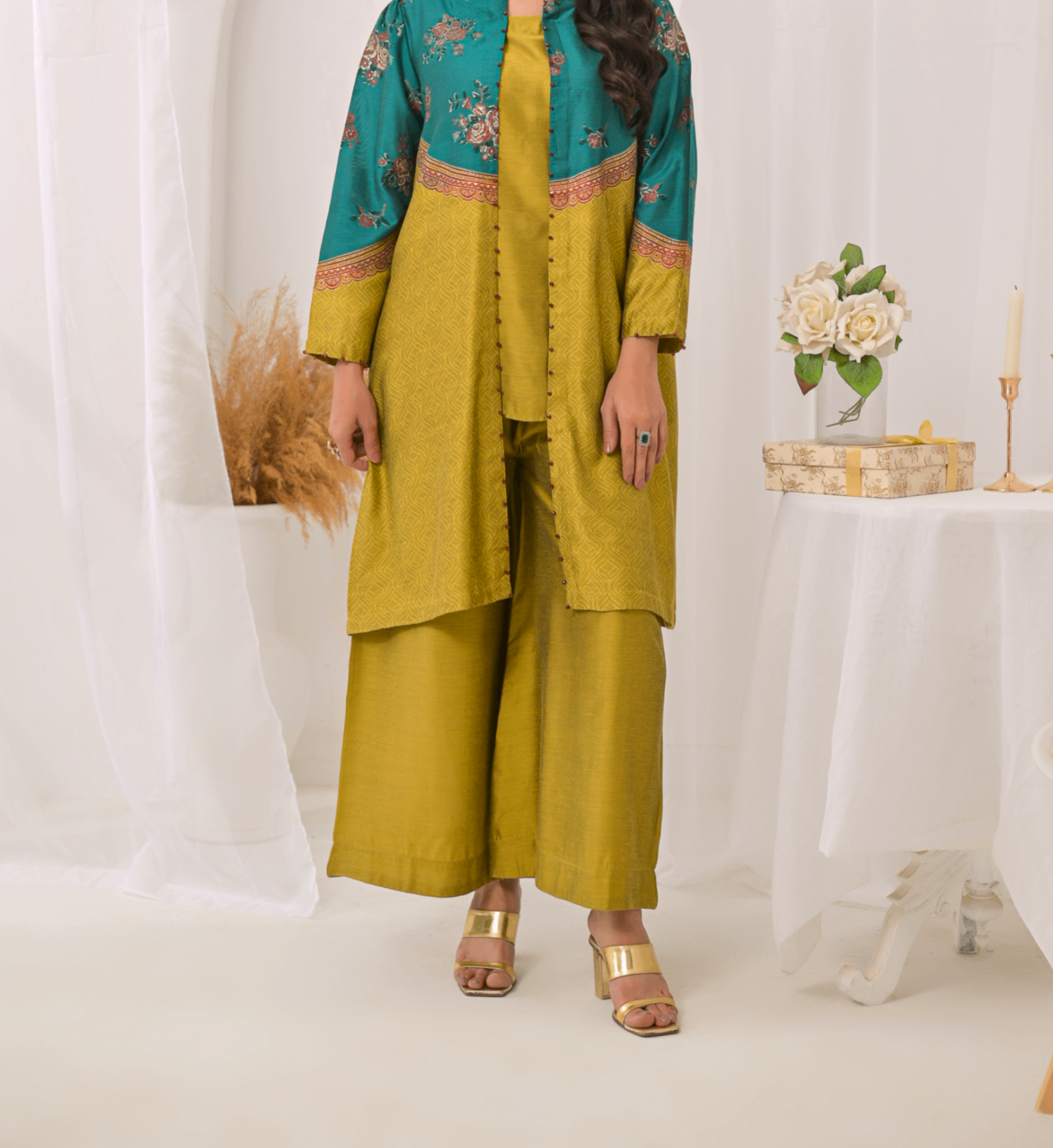 jacquard Gown in Goldenrod, parrot green