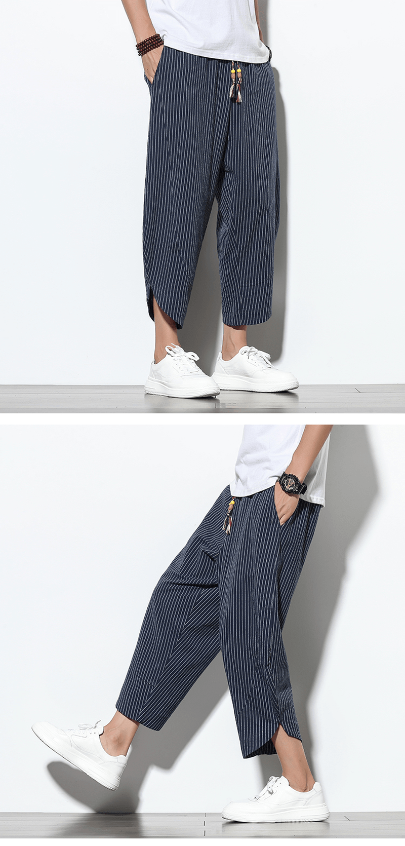 Chinese Style Cotton and Linen Pants Striped plus Size Loose Harem Bloomers Men