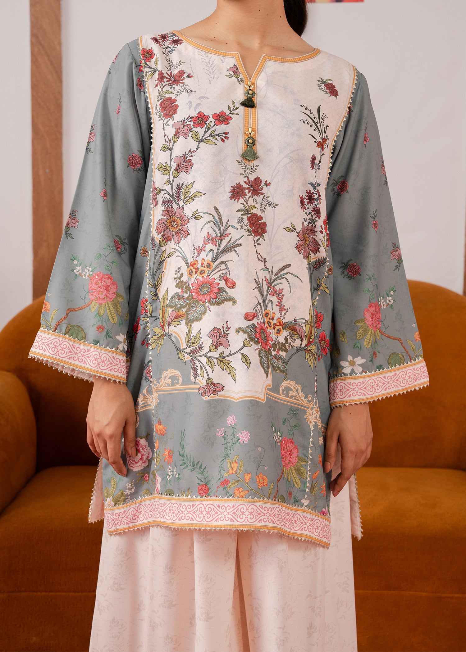 lawn Kurta Set in Cream, sage green