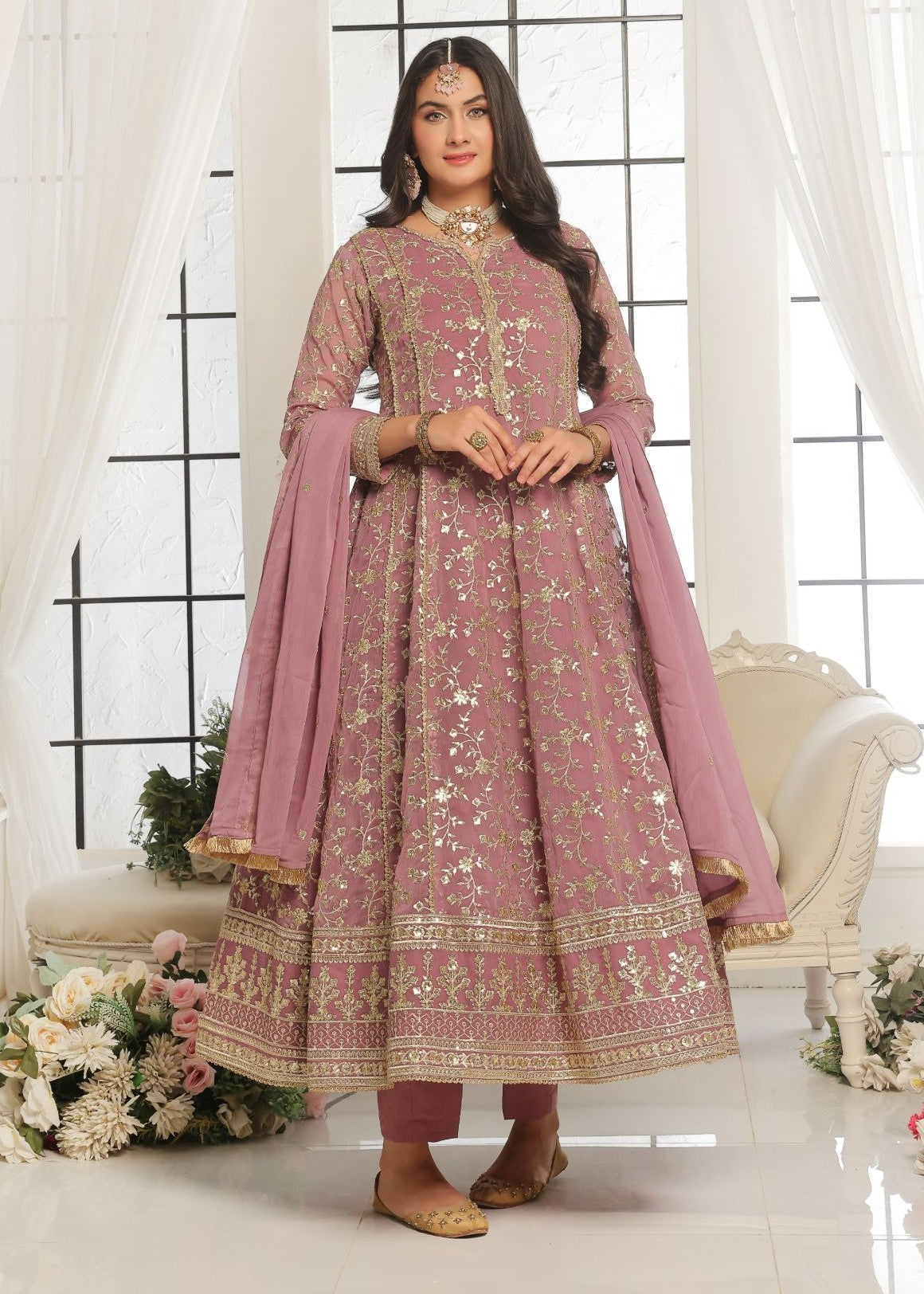 chiffon Pishwas in Mauve pink