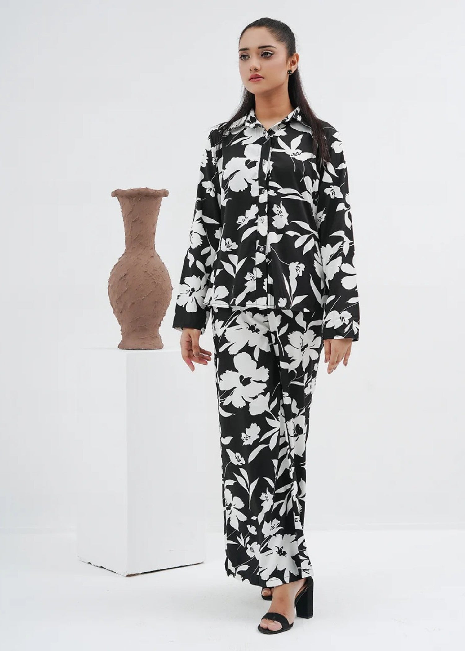 blended satin polyester Co Ord Sets in Black