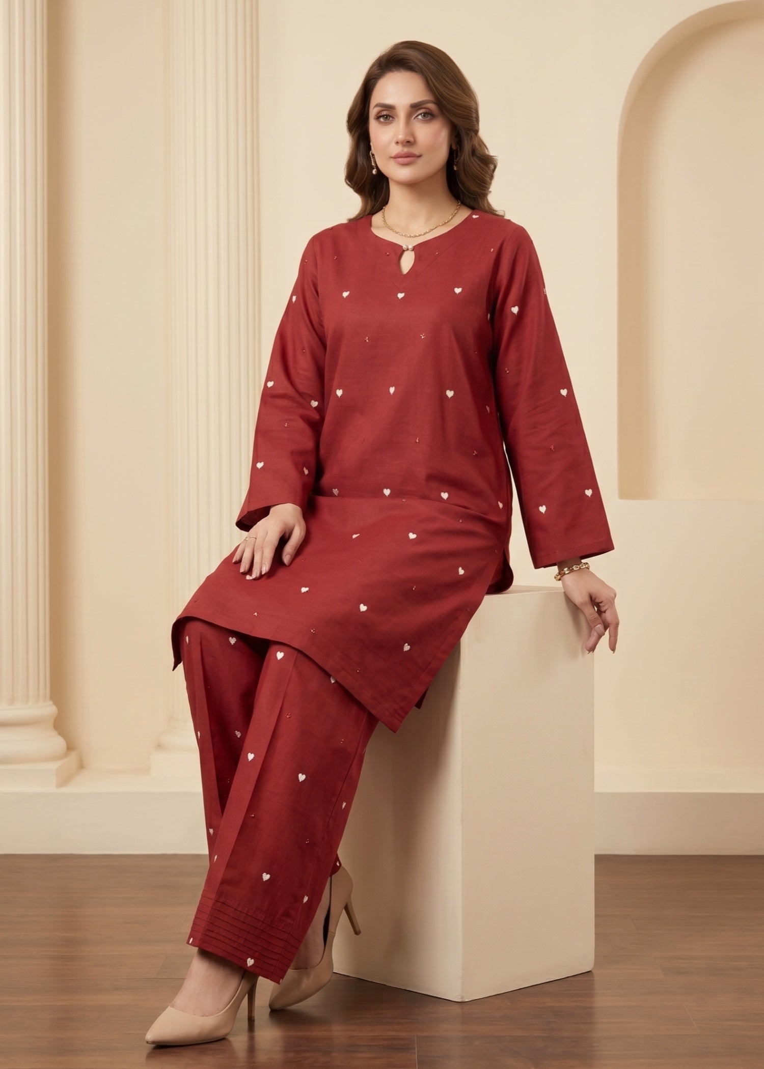 lawn cotton Co Ord Sets in Maroon