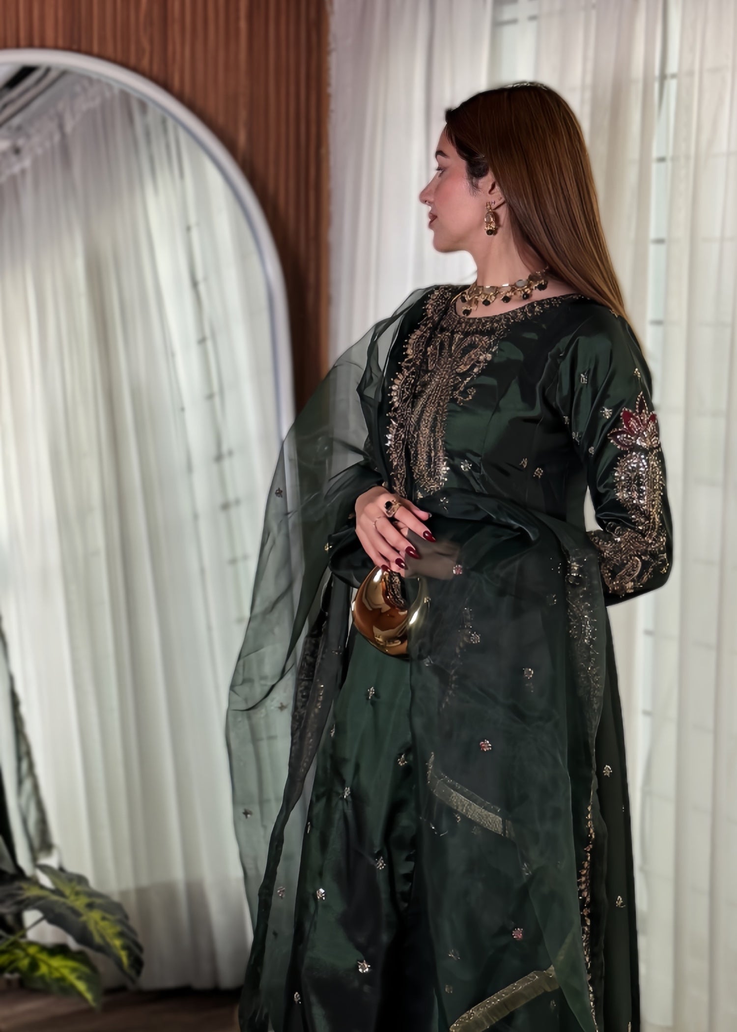 silk Pishwas in Bottle green