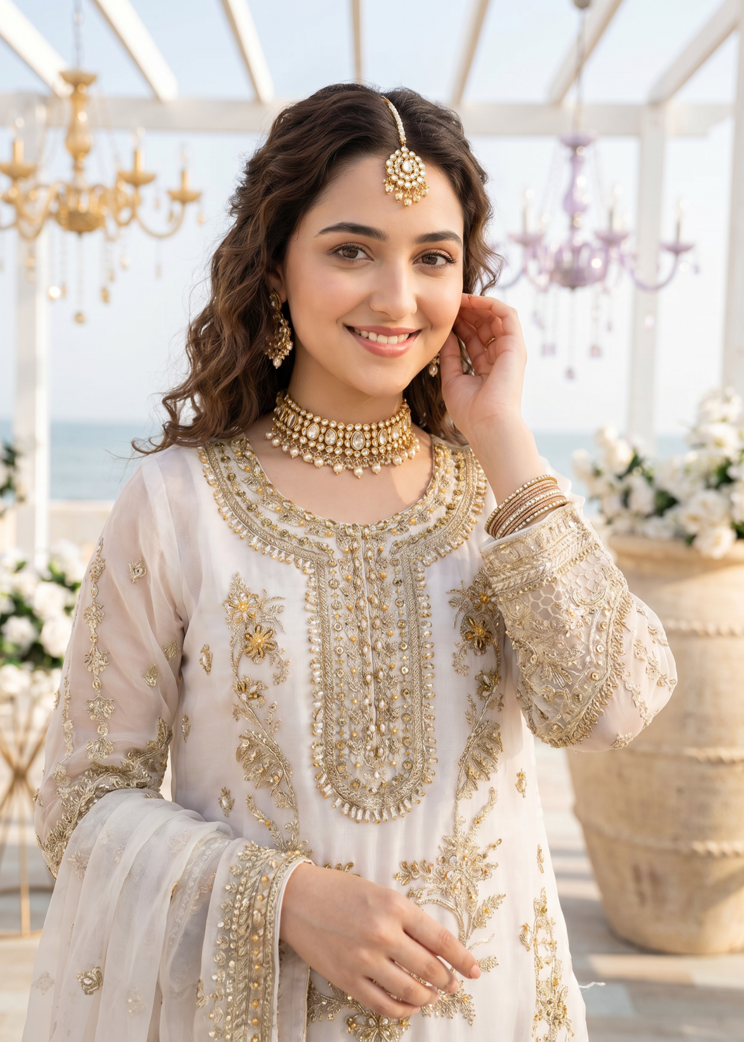 organza Gharara in Pearl white