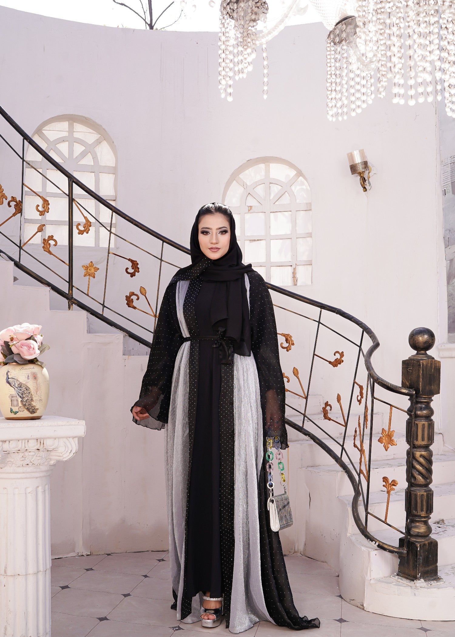 organza Abaya in Black, silver