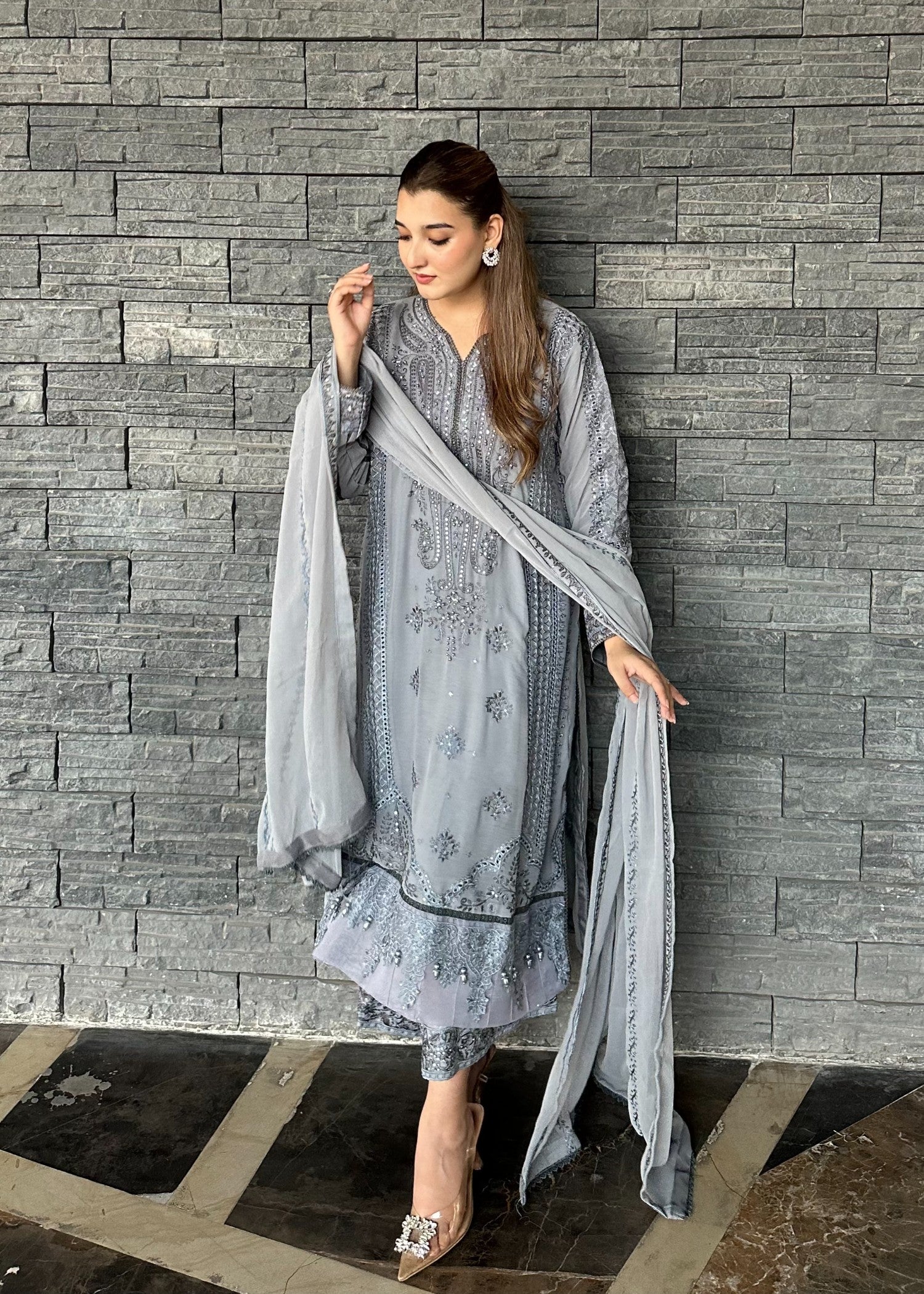chiffon Kurta Set in Duck egg grey