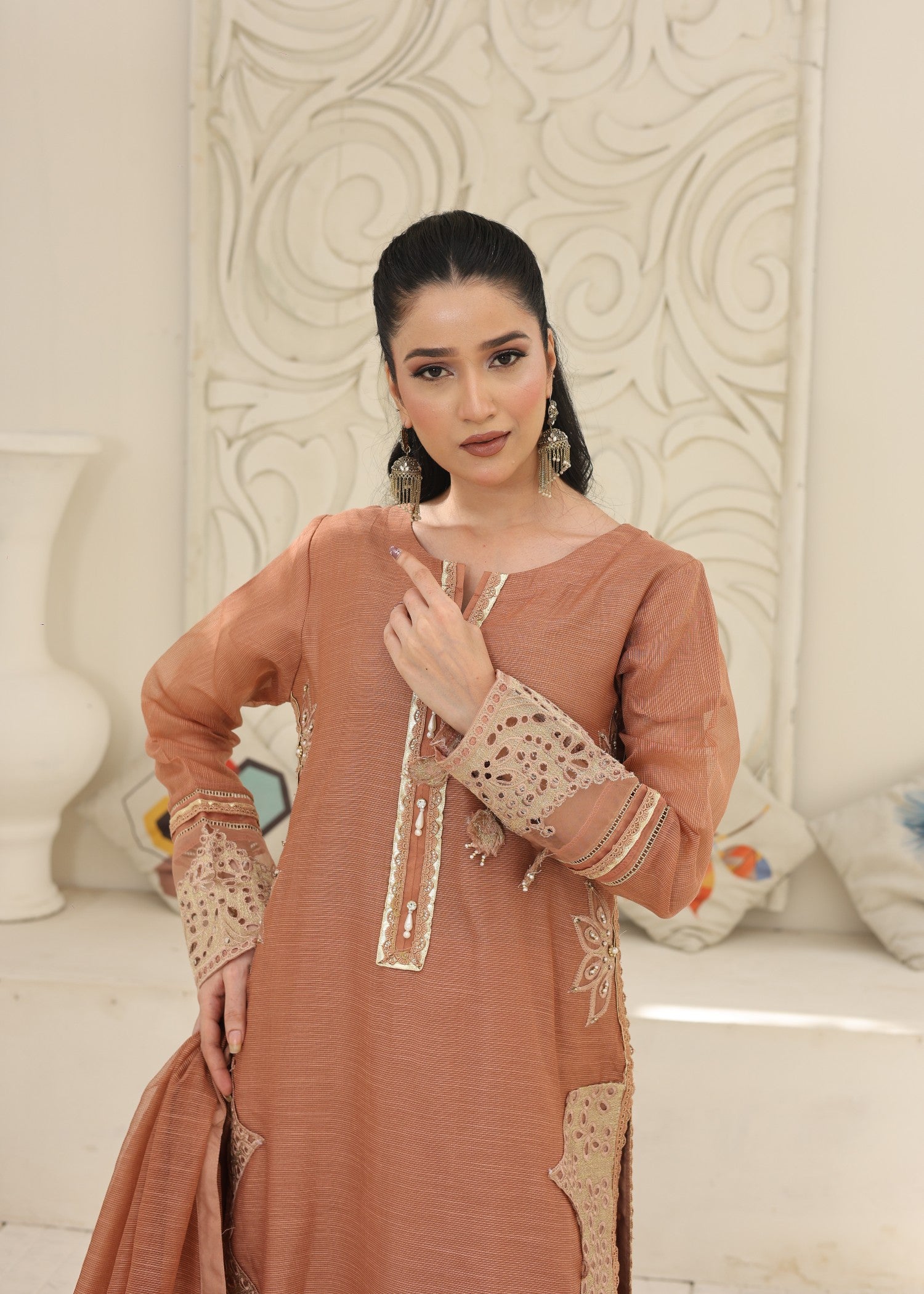 khaddi net Kurta Set in Desert orange