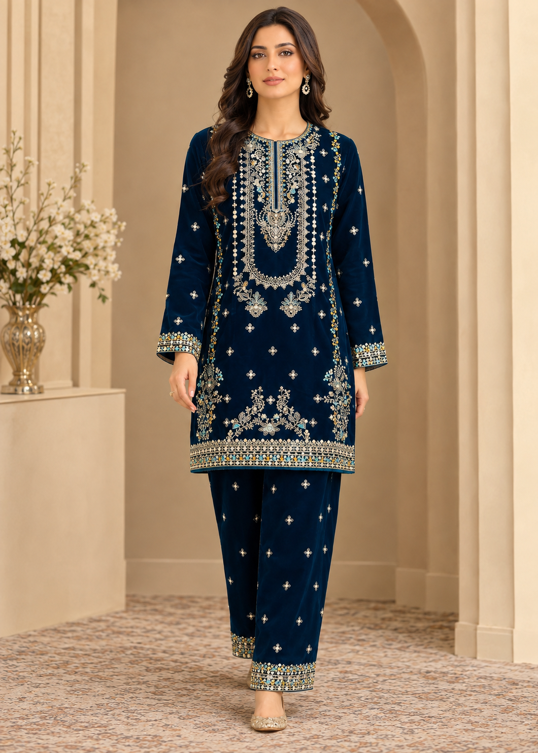 chinese micro velvet 9000 Kurta Set in Navy blue