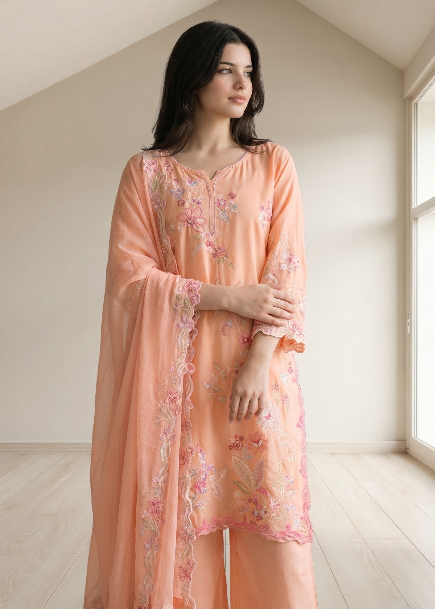 lawn cotton Kurta Set in Peach pink