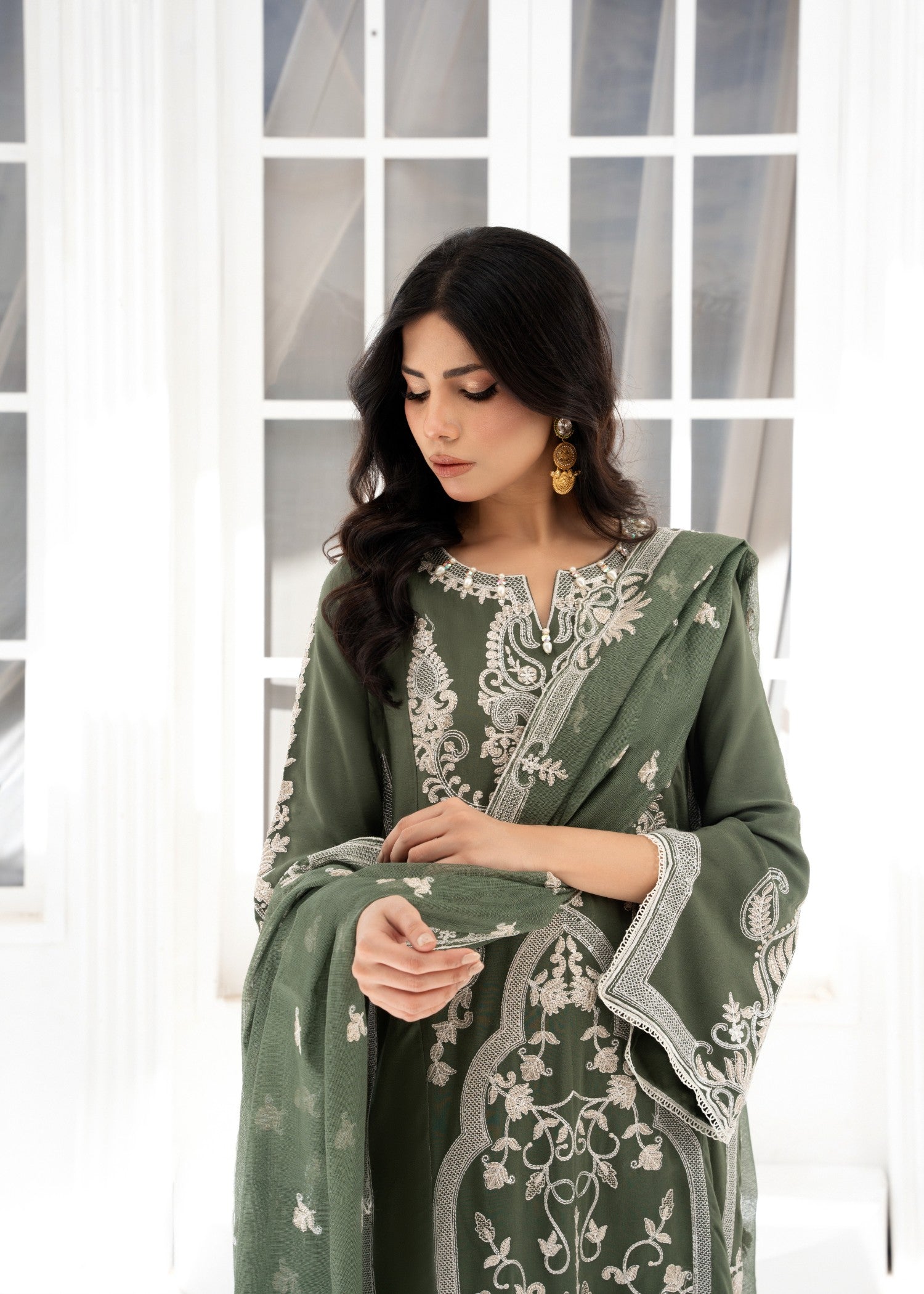 crepe Kurta Set in Sage green
