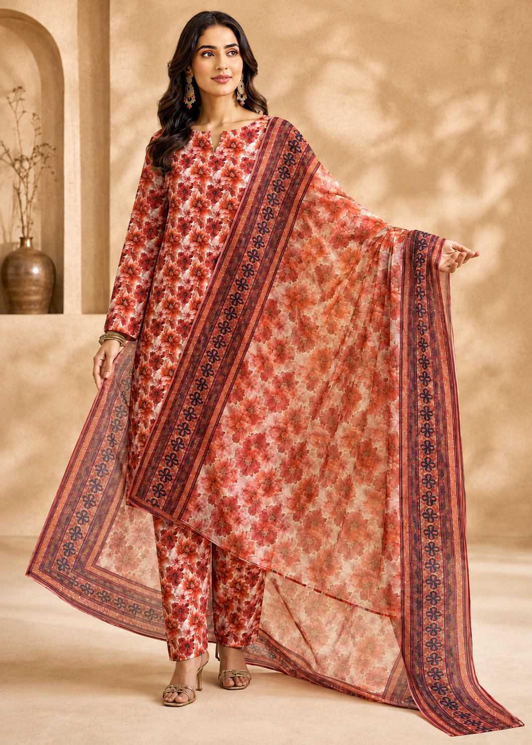 swiss lawn Unstitched in Red, white