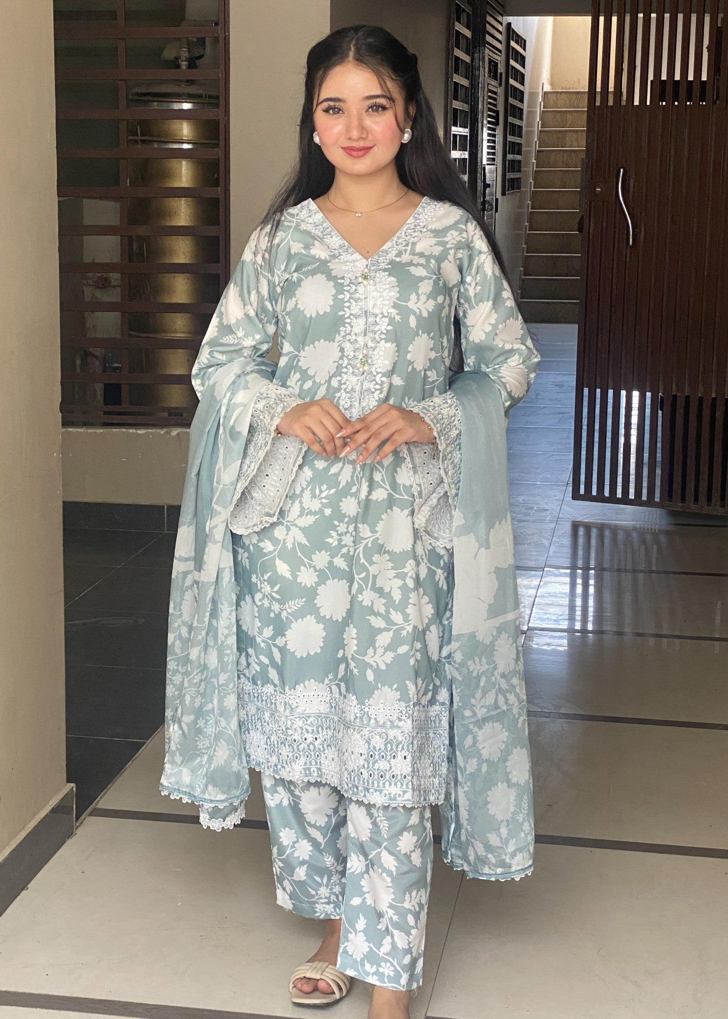 cotton silk Kurta Set in Slate grey