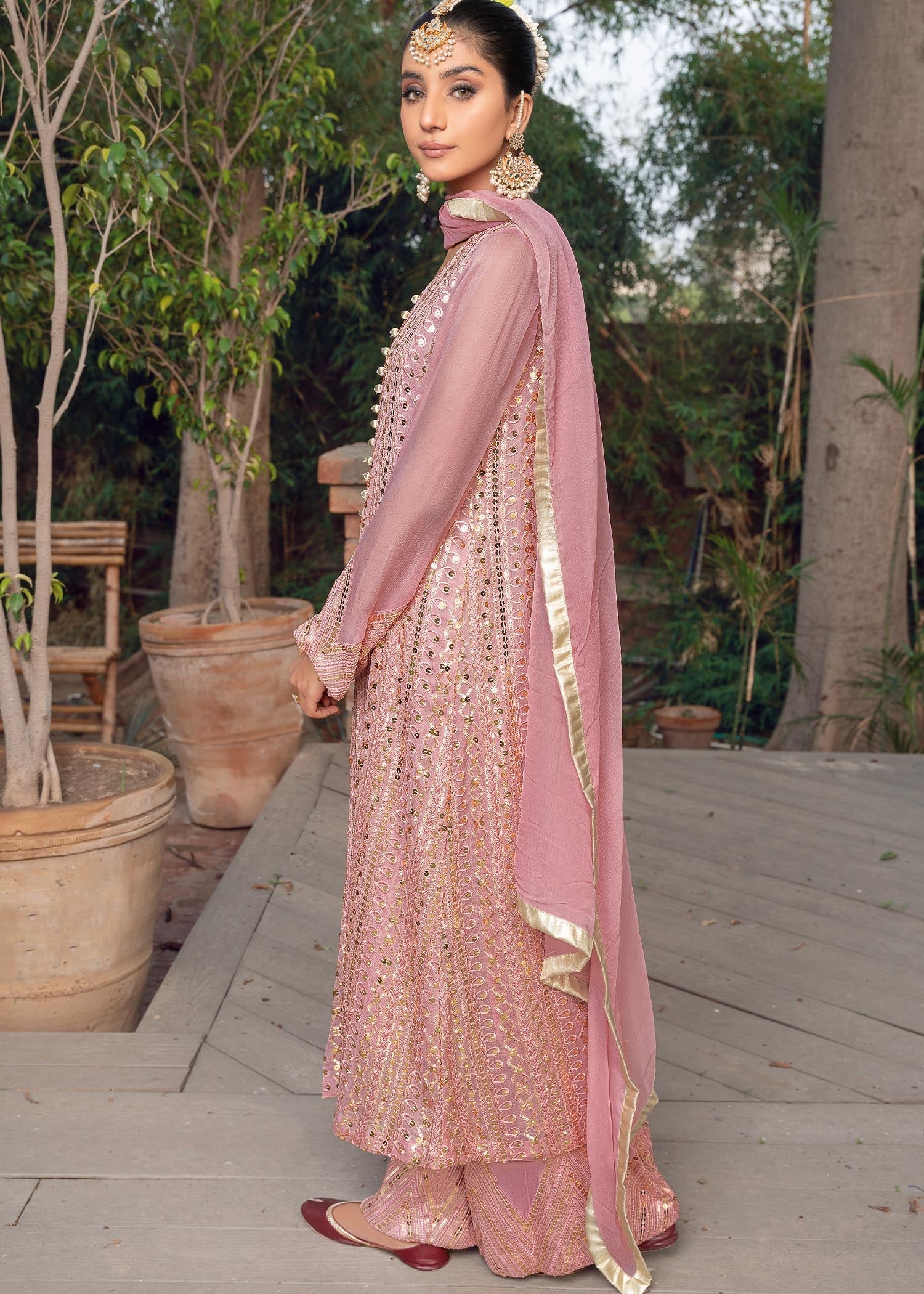chikankari cotton Gown in Tea rose pink