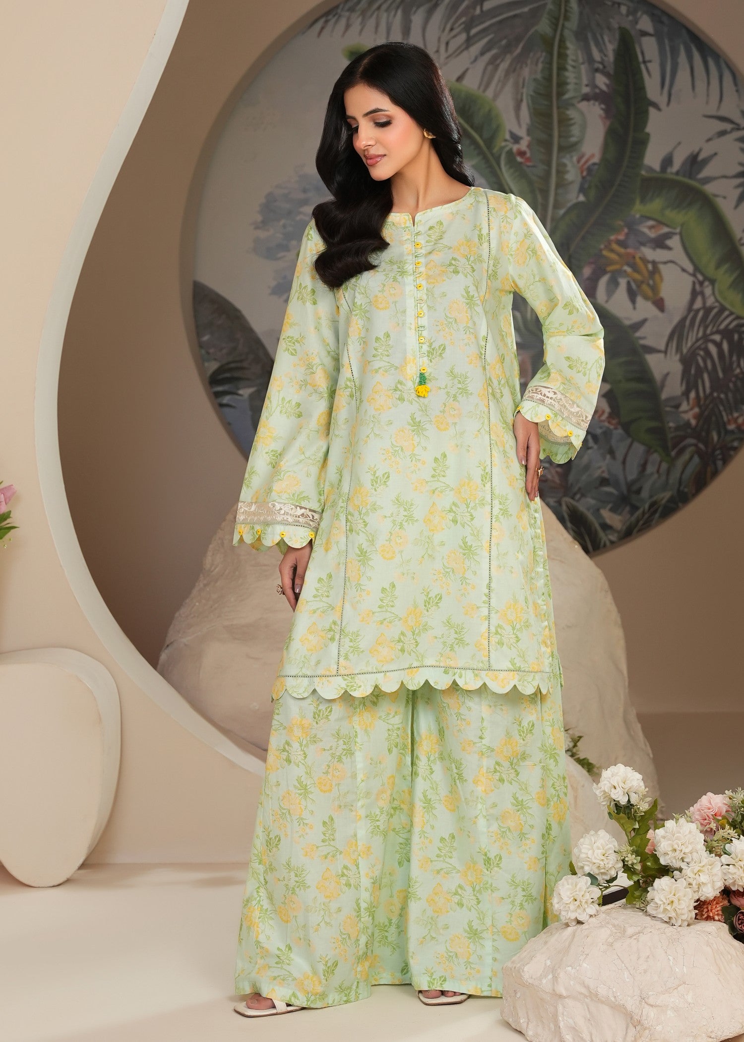 cambric Kurta Set in Pistachio green