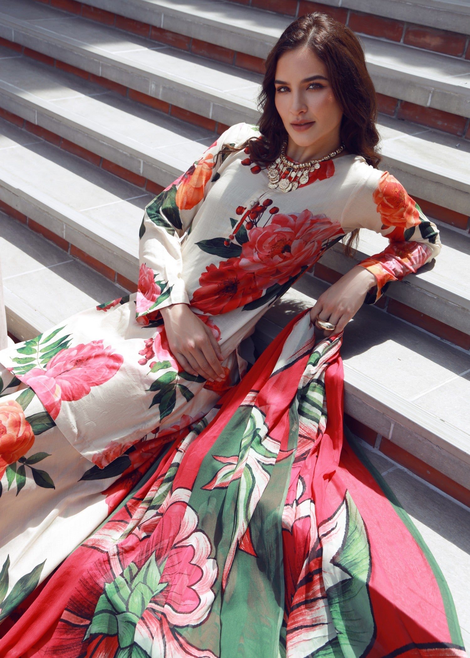 lawn Sharara in Red, white
