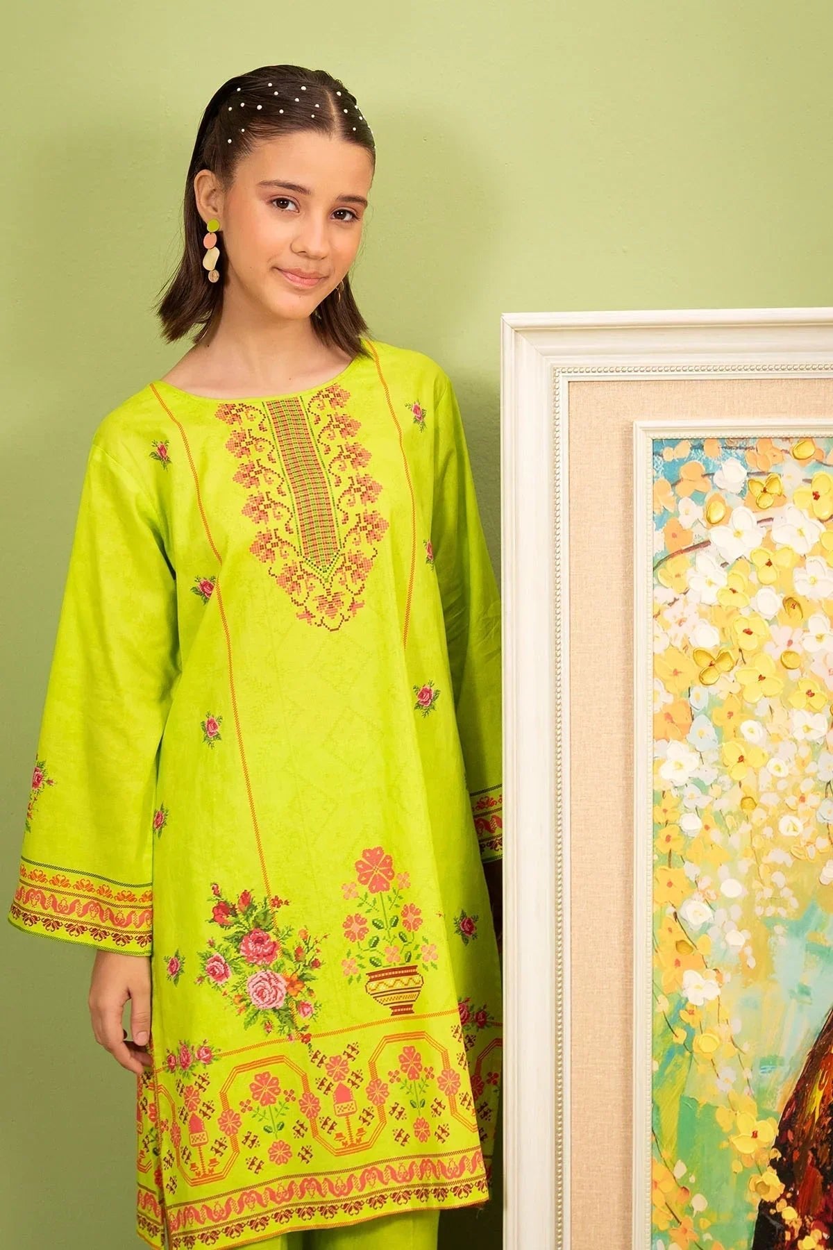 ribbed lawn Kurta Set in Lime green