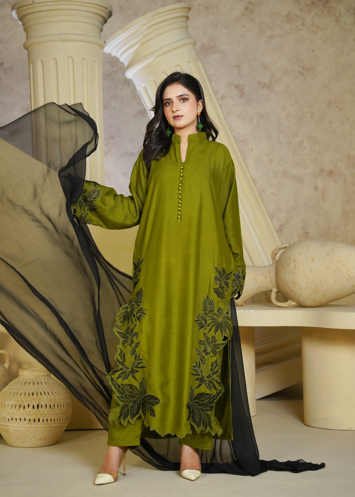 linen chambray Kurta Set in Olive green