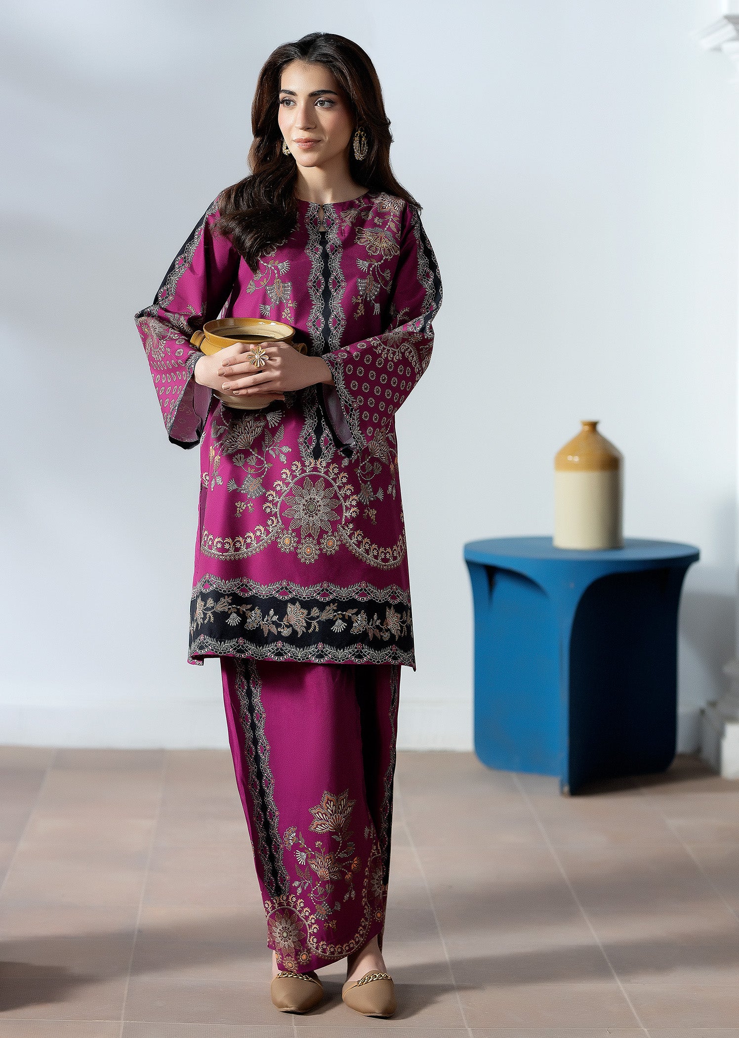 silk finish lawn Co Ord Sets in Plum purple