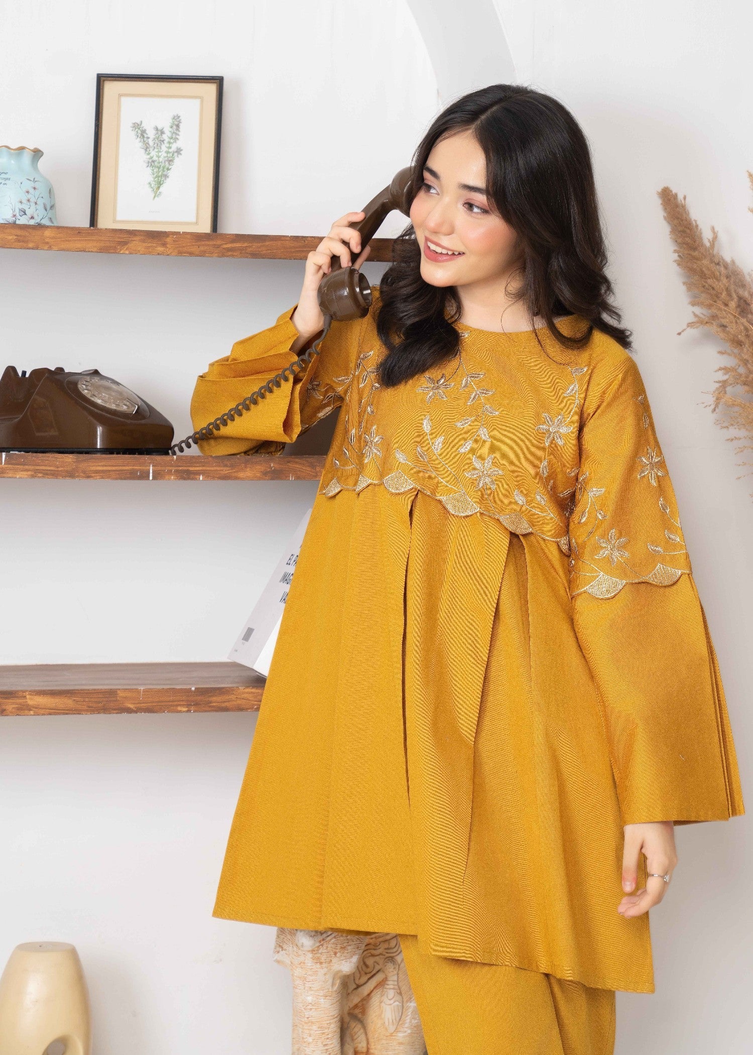 twill khaddar Short Frock in Autumn gold