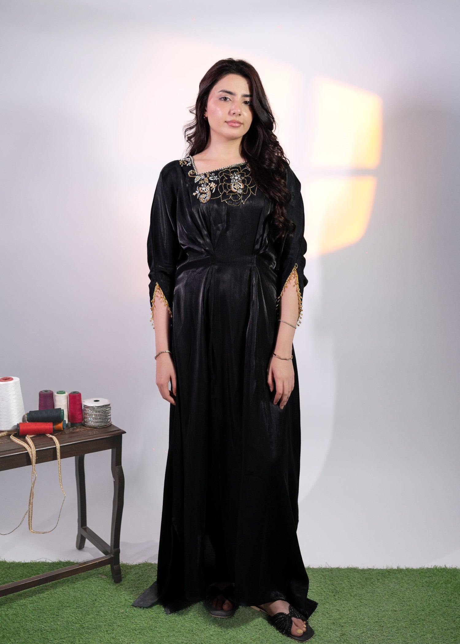cotton silk Kaftan in Black
