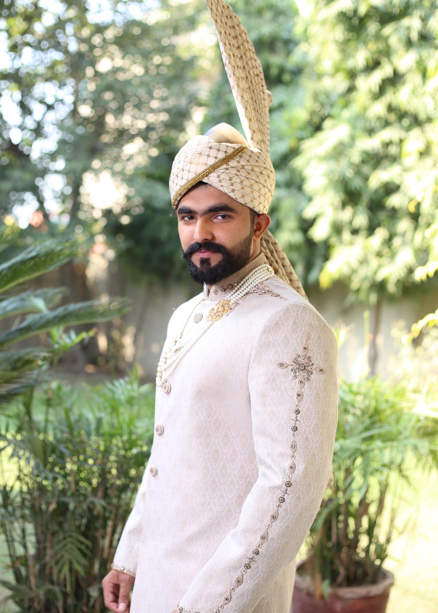 jamawar Sherwani in Cream