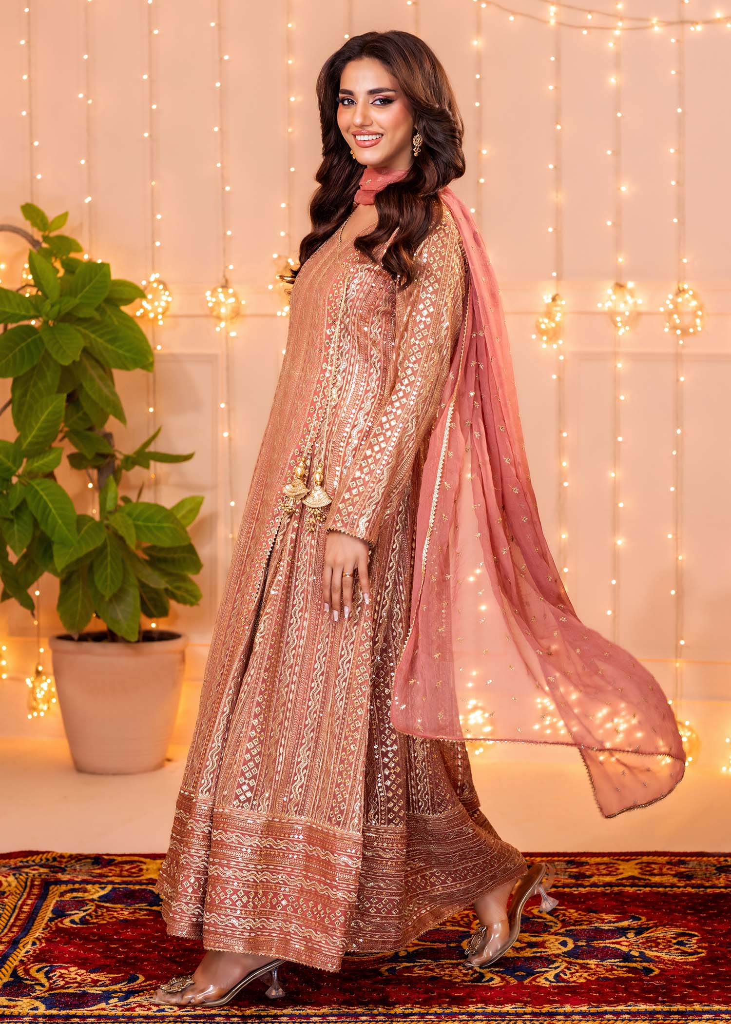 chiffon Angrakha in Coral pink