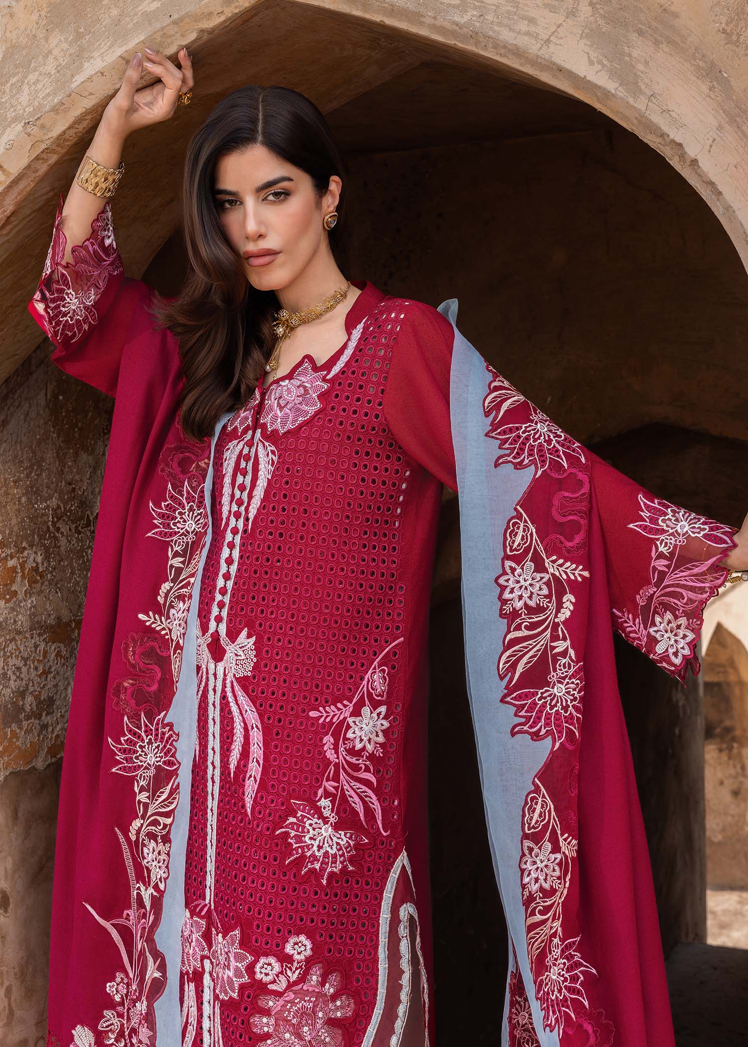 karandi Unstitched in Shocking pink