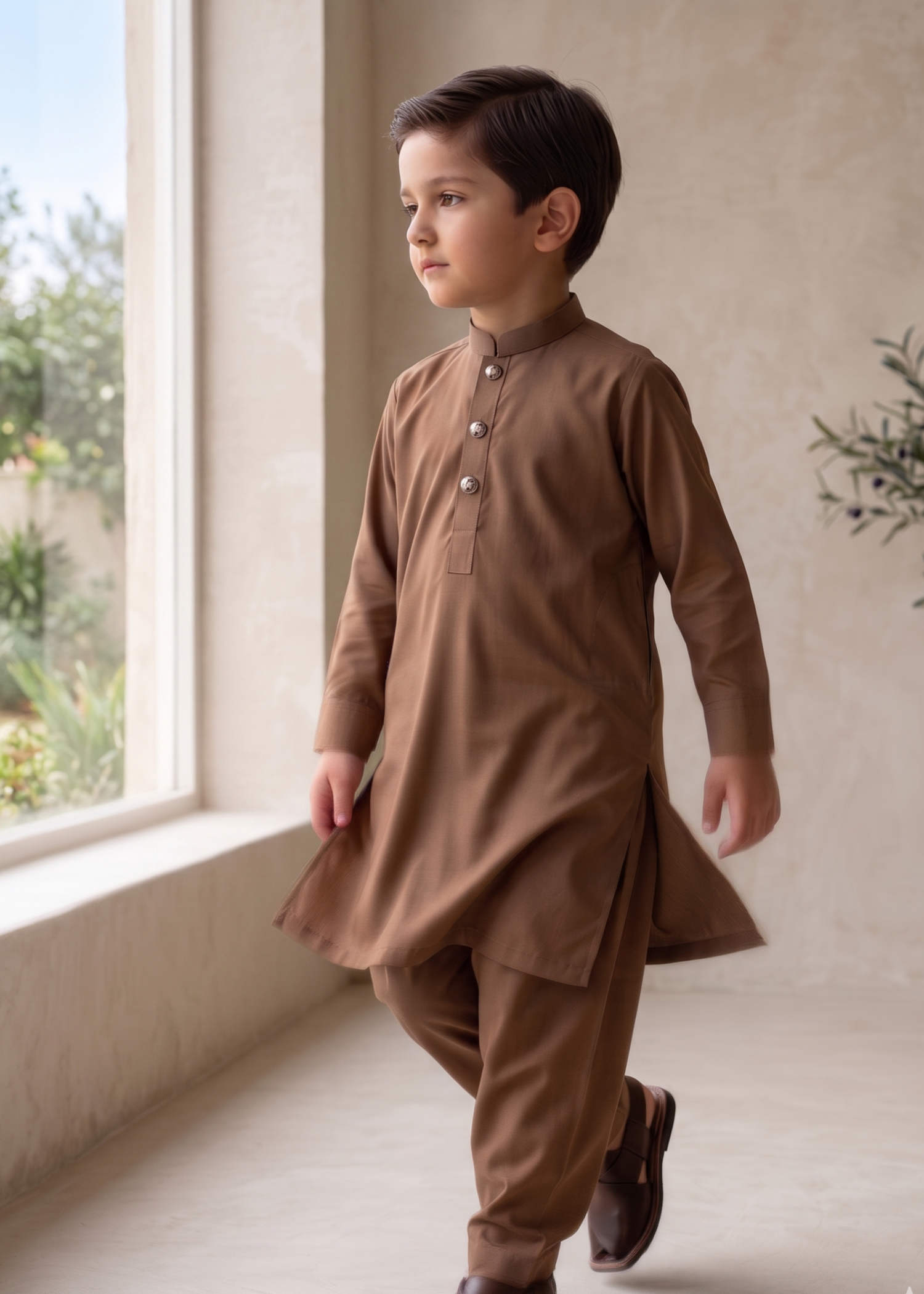 wash & wear Kurta Set in Walnut brown