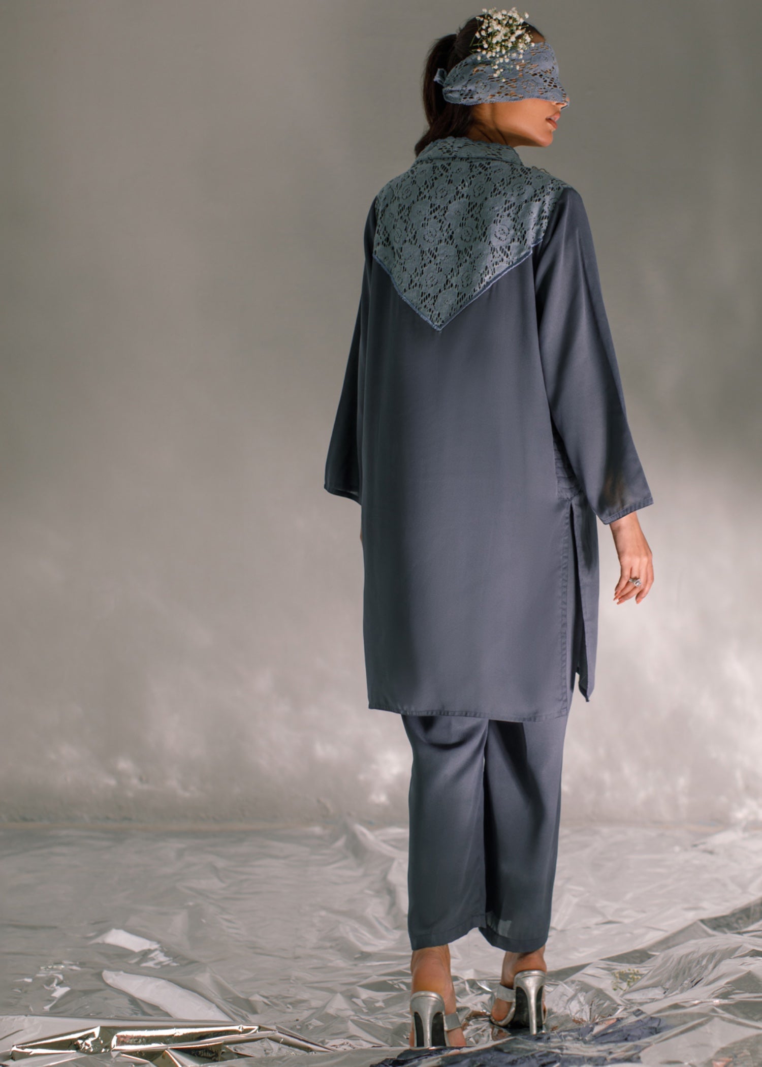 crepe georgette Kurta Set in Steal grey