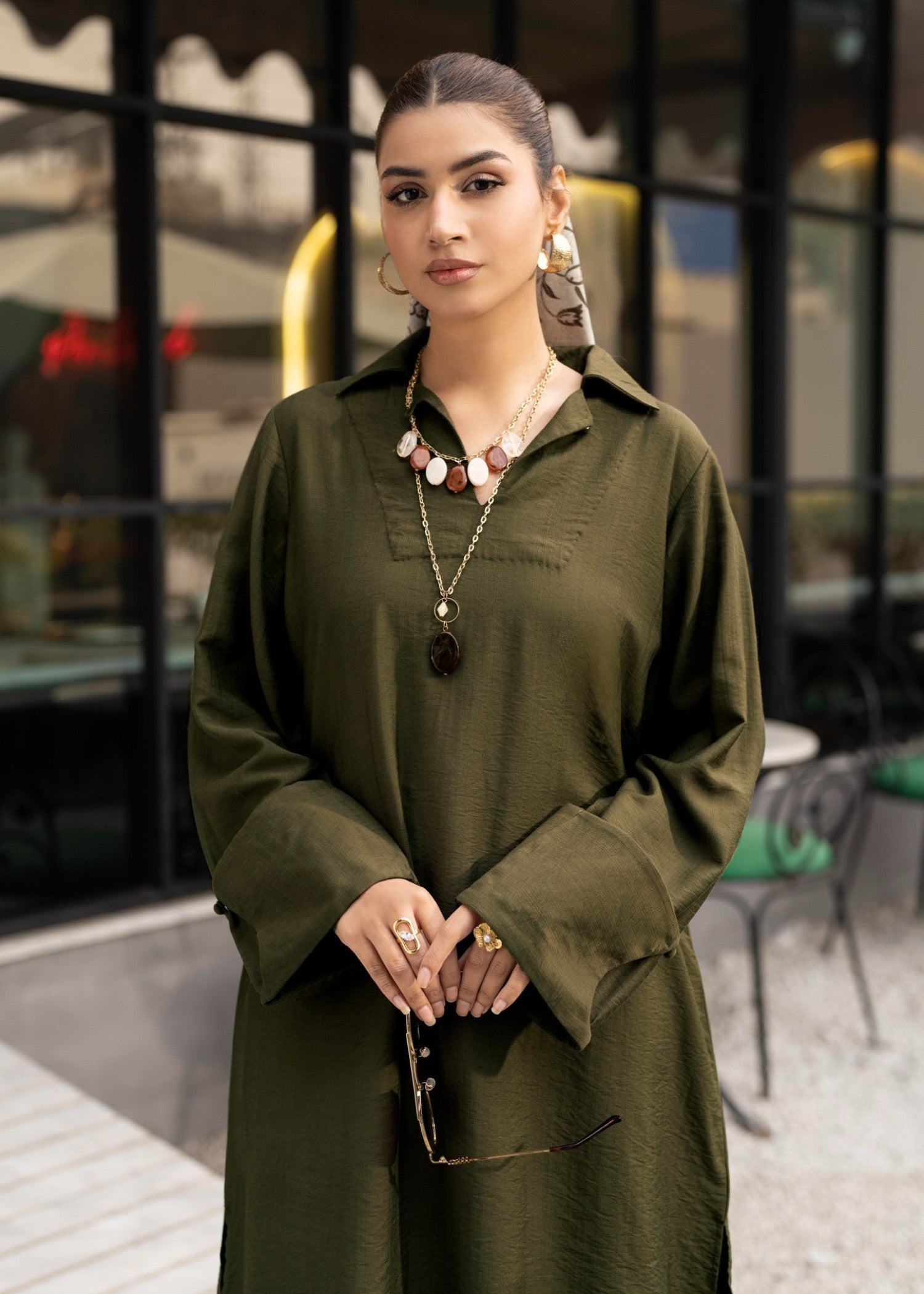 crepe Kurta Set in Olive green