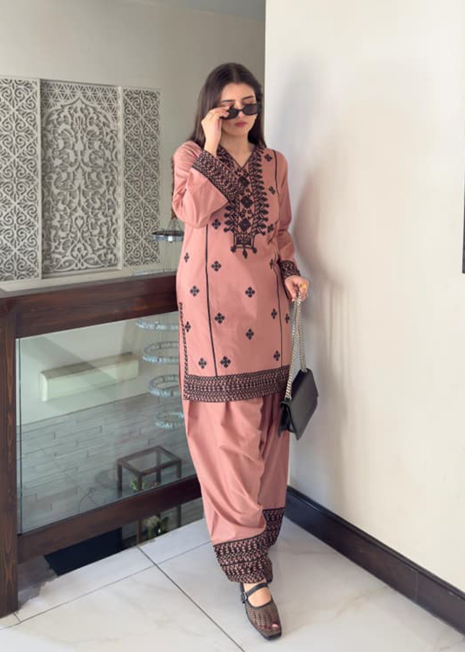 cotton Kurta Set in Brown