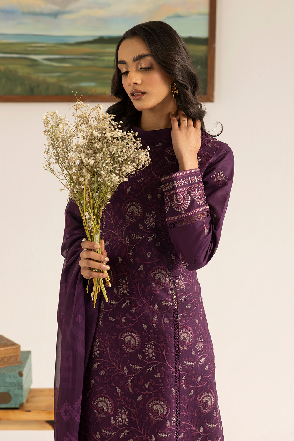lawn Kurta Set in Plum purple