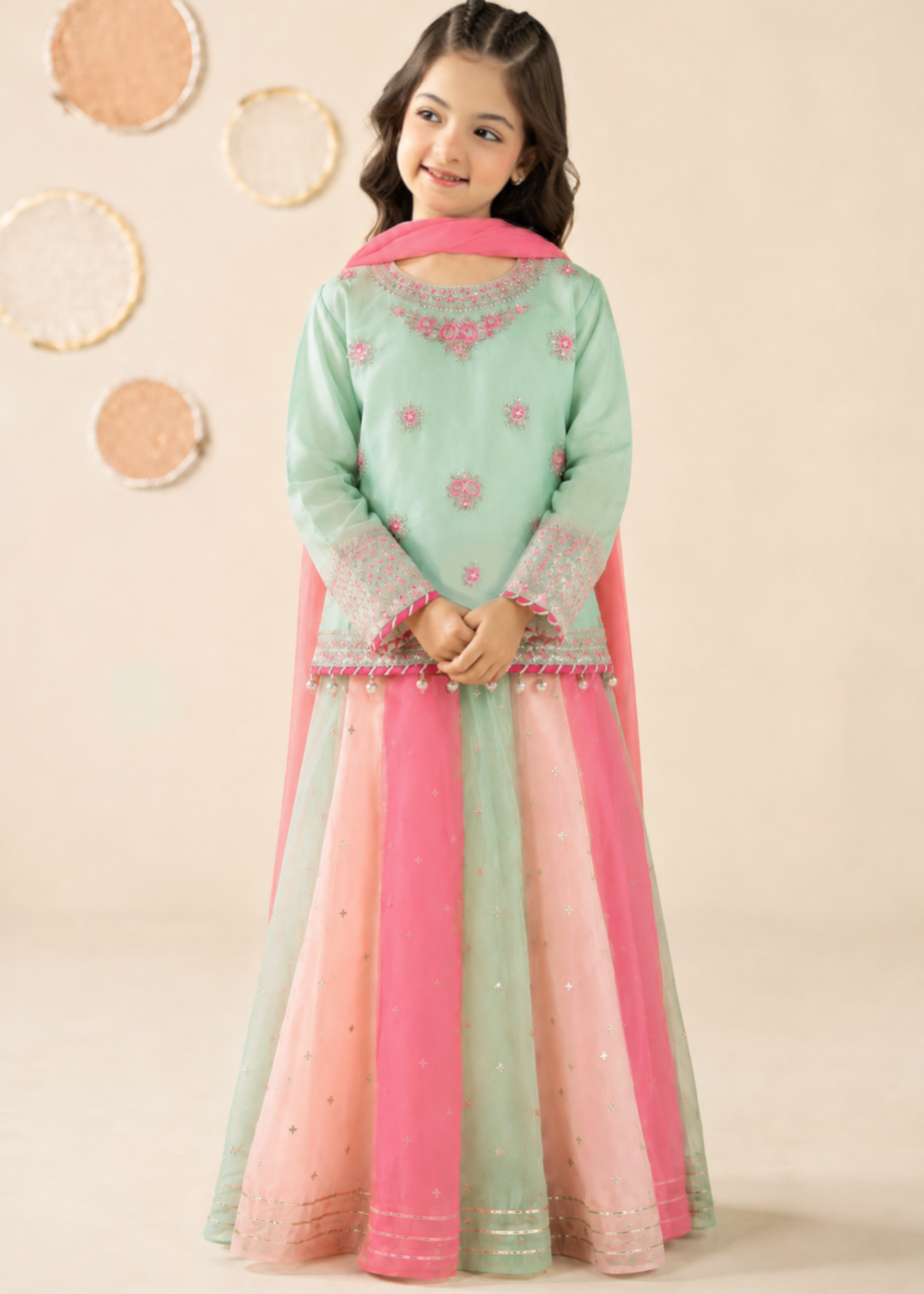 organza Lehenga in Multi, moss green