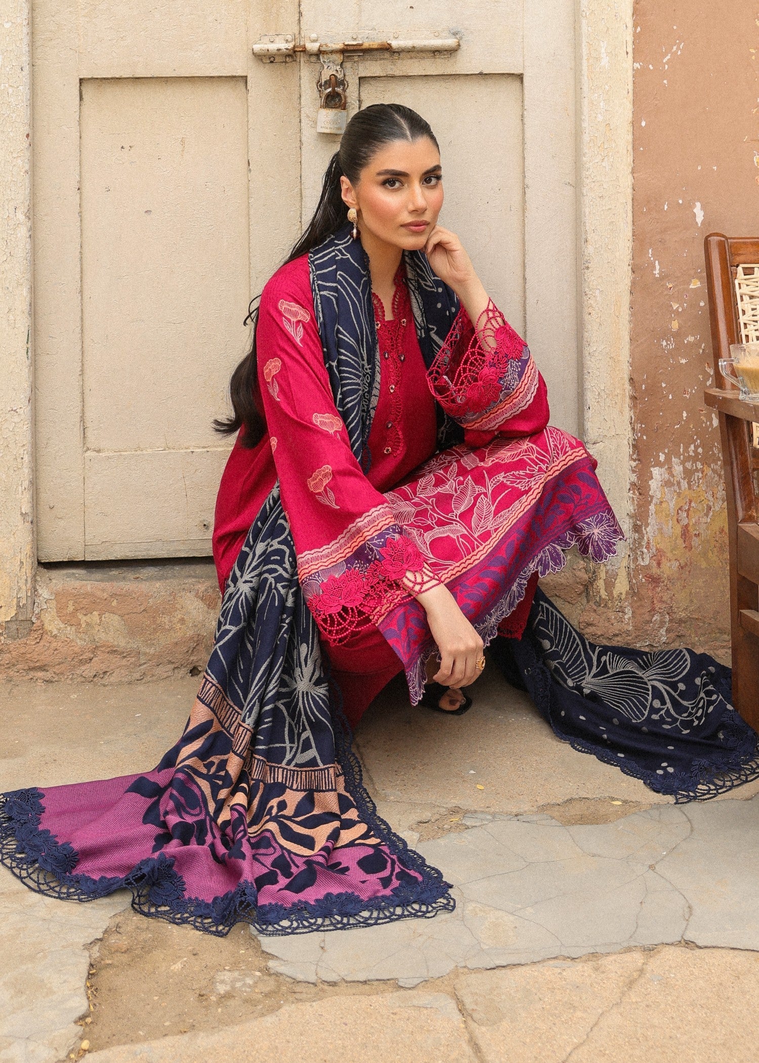 jacquard viscose Unstitched in Hot pink