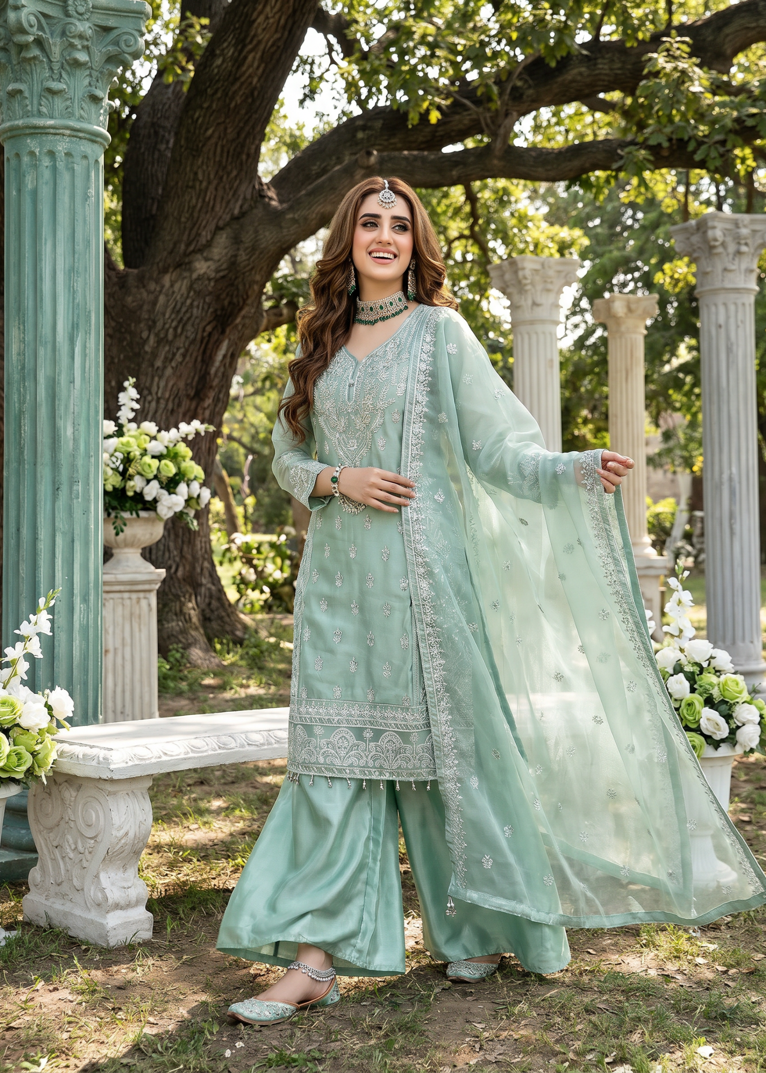 organza Sharara in Moss green